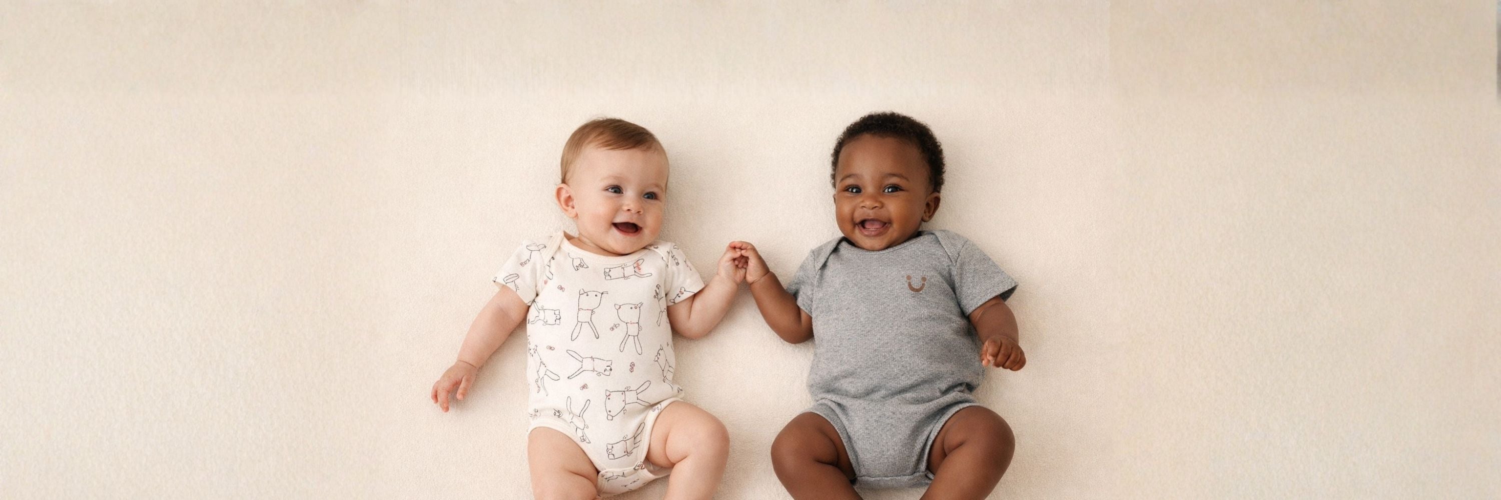 Two smiling babies lying side by side on a soft neutral background, holding hands and wearing short-sleeve bodysuits, one in a light print and the other in plain grey.