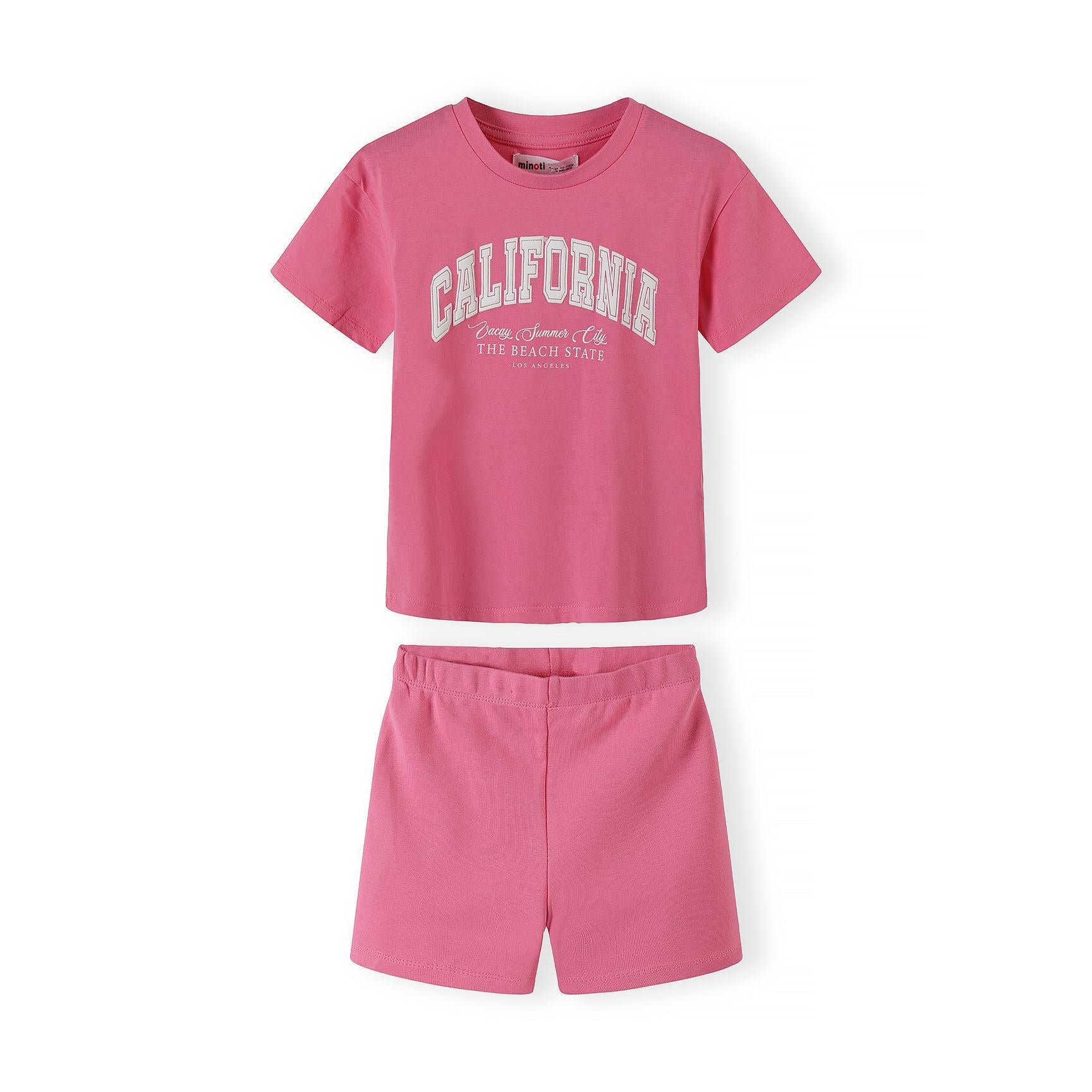 Pink California t-shirt and shorts set laid flat on white background showing front view with graphic print