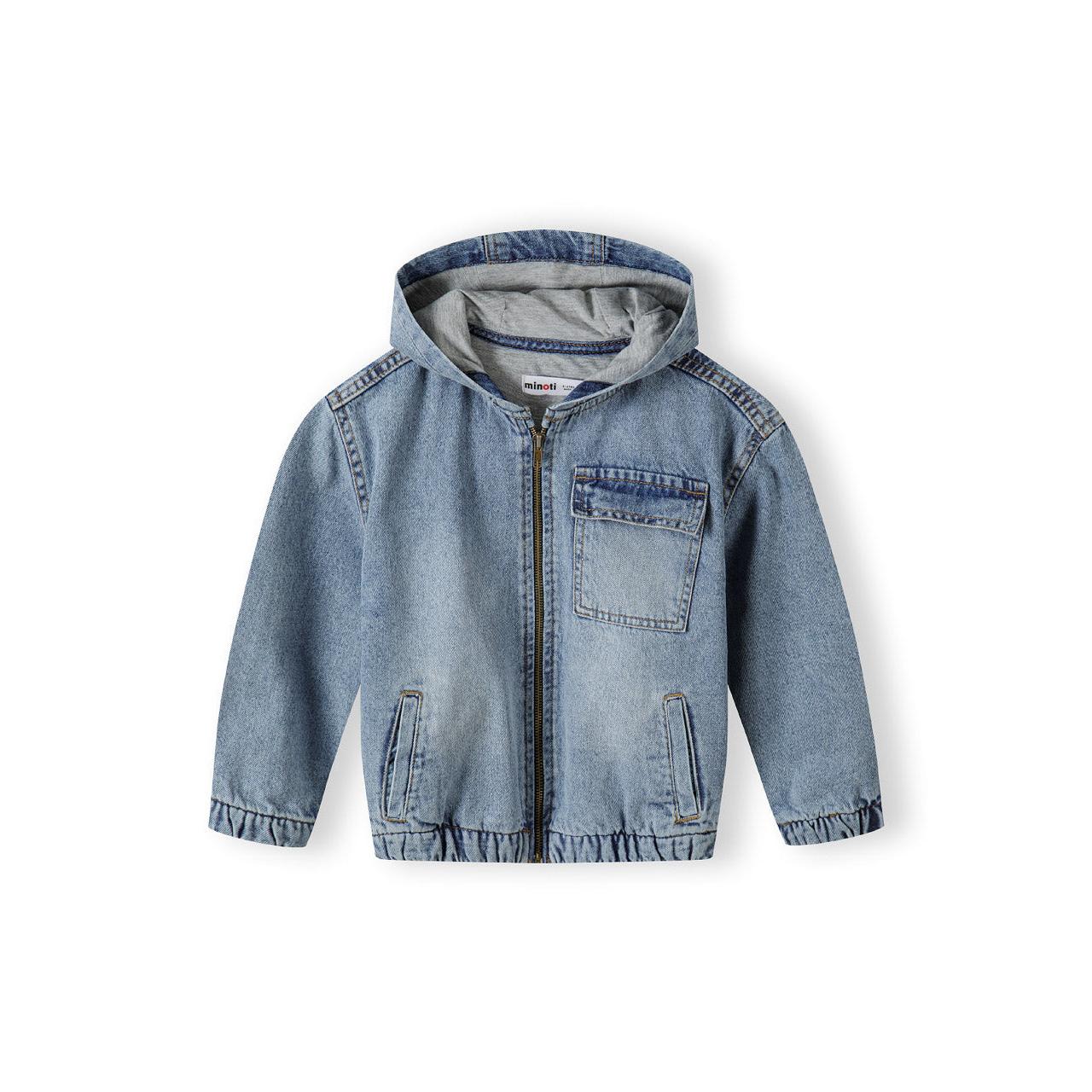 Front view of navy denim jacket with hood on white background showing zip closure, chest pocket and structured fit