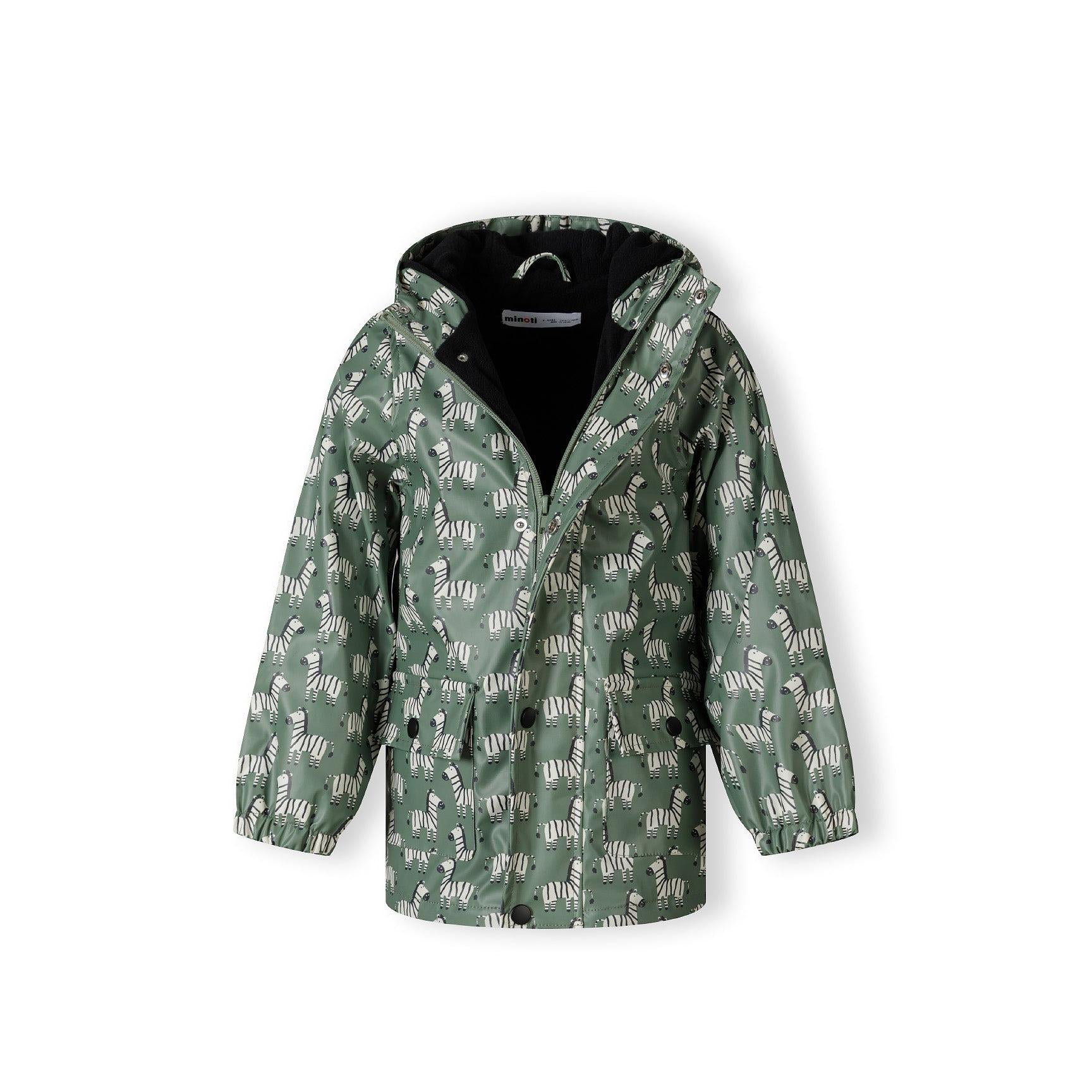 Khaki zebra print rain jacket shown unzipped revealing black interior lining and Minoti label at neckline against white background