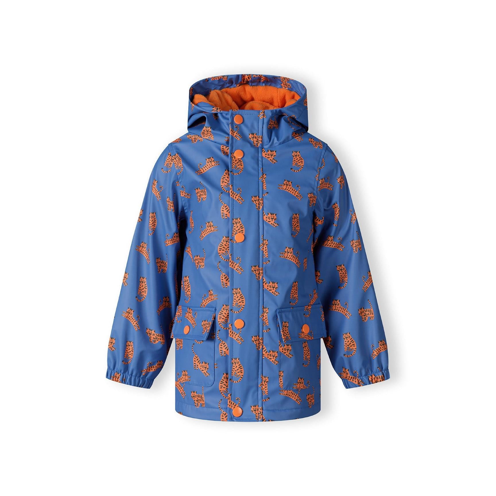 Back view of cobalt blue rain jacket showing orange tiger print pattern all over the garment on white background