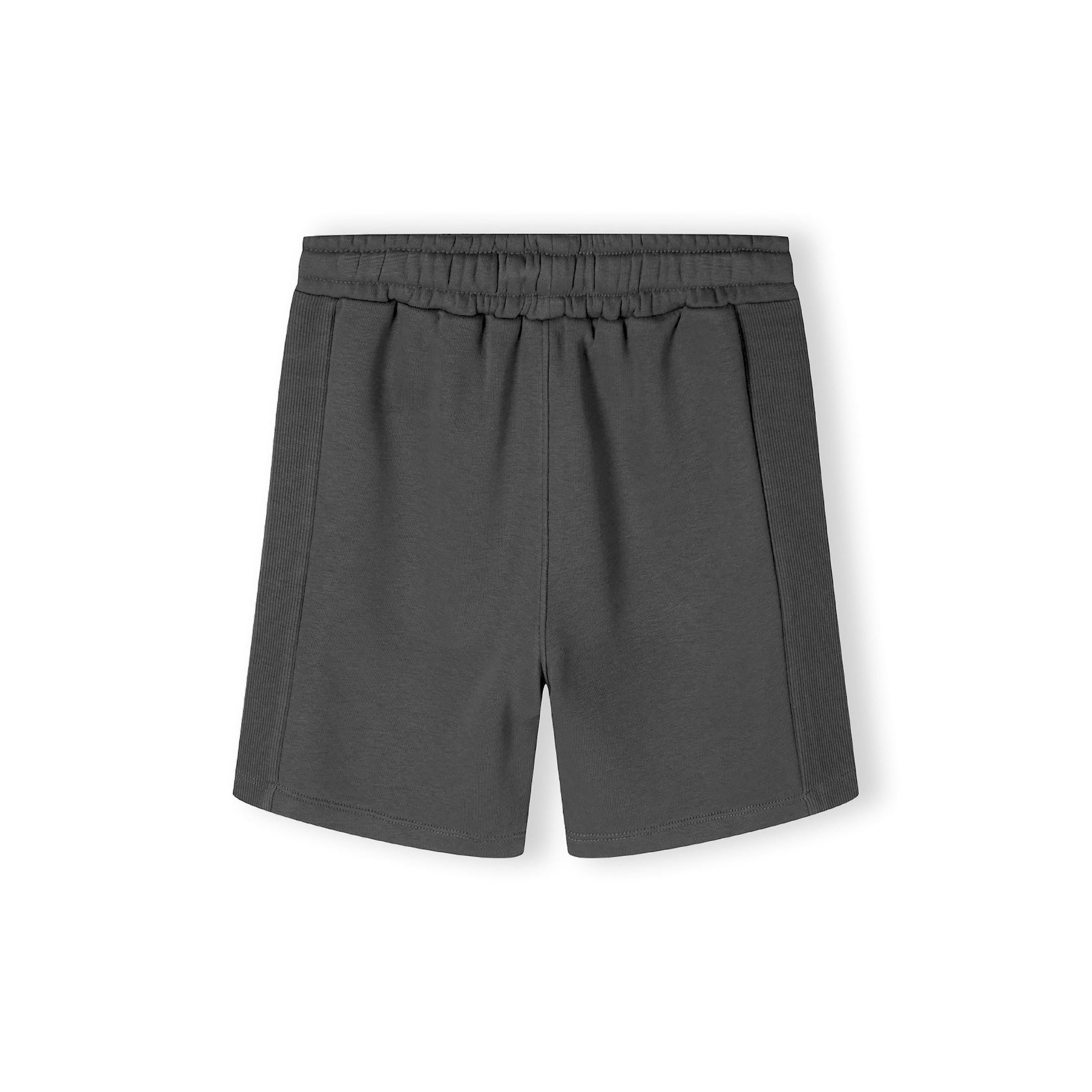Grey fleece shorts laid flat showing elastic waistband and ribbed side panel details on white background