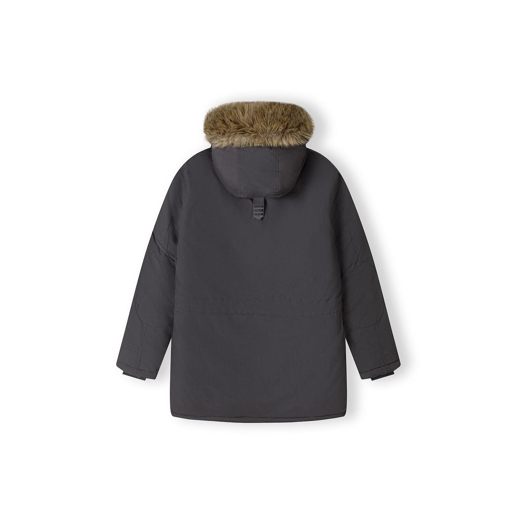 Back view of dark grey winter parka jacket showing hood with faux fur trim and overall silhouette on white background