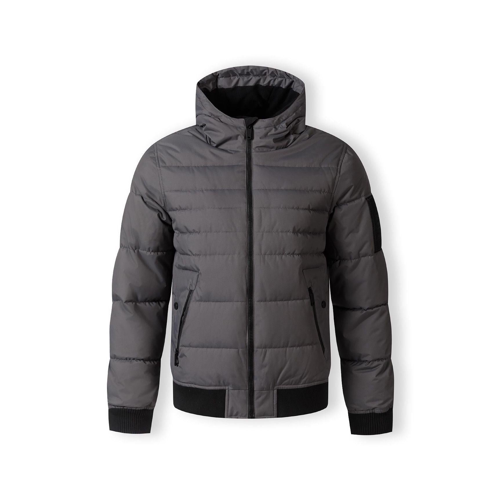 Grey padded jacket laid flat showing front view with hood, zip closure and side pockets