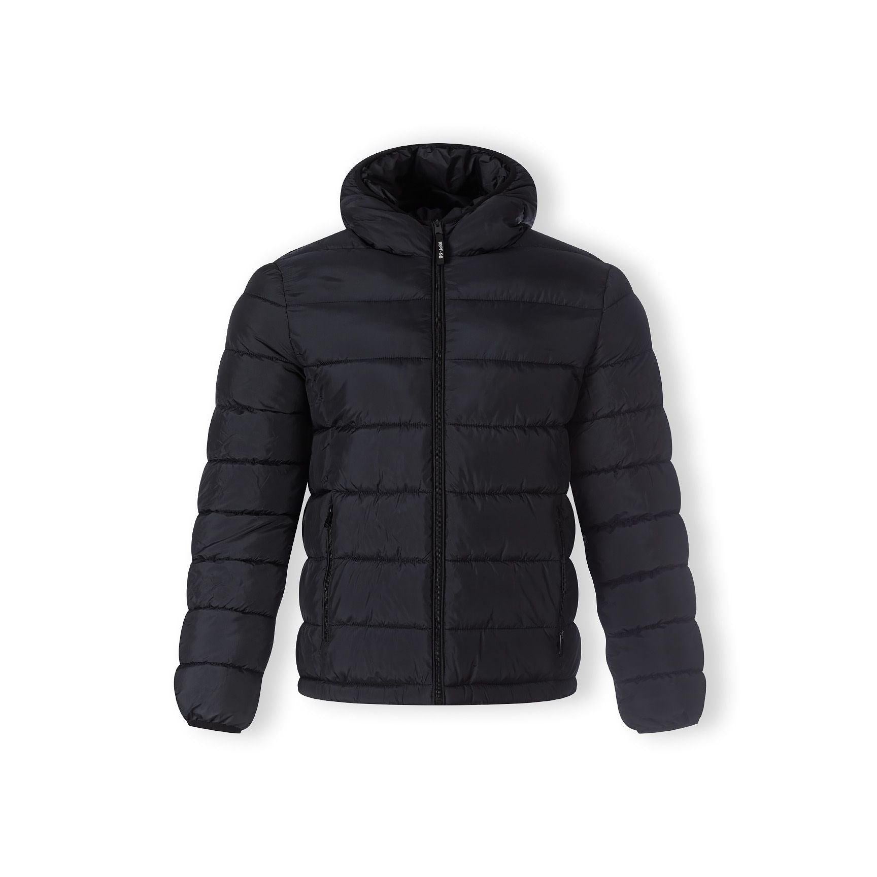 Navy blue padded jacket laid flat showing full silhouette with hood and quilted panels on white background