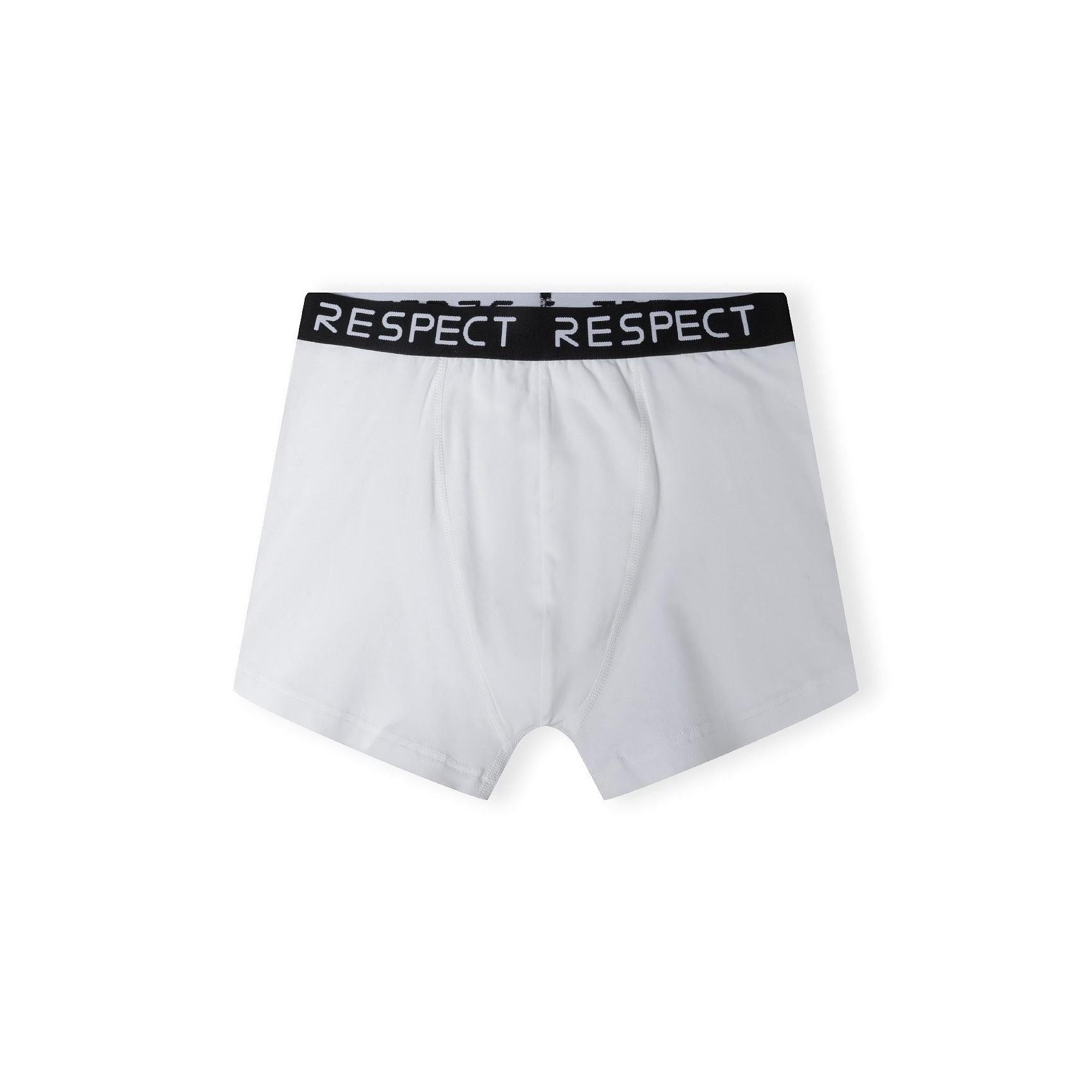 Single white boxer with black RESPECT waistband shown flat against white background
