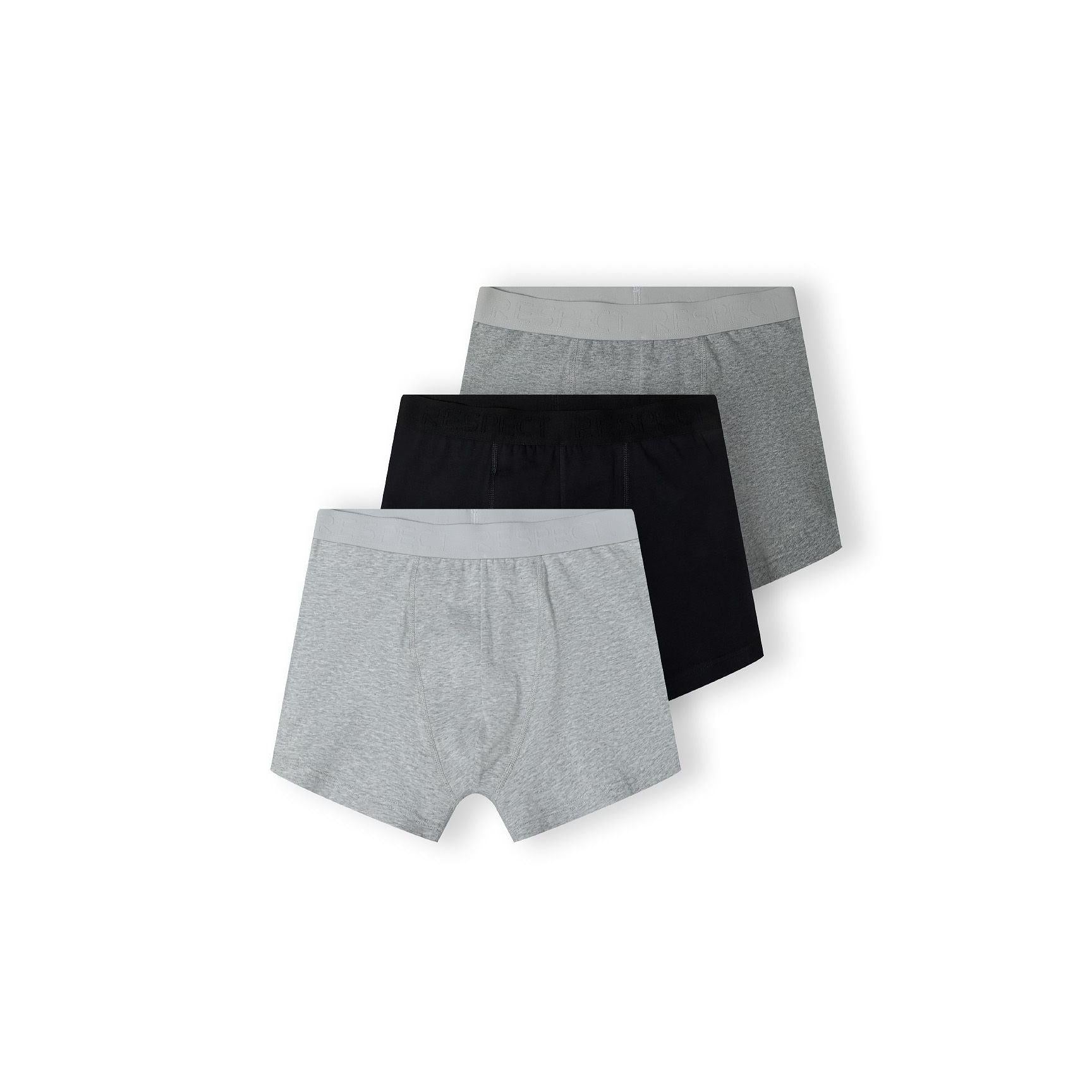 Three grey cotton blend boxers displayed overlapping against white background, showing classic fit design with branded waistbands