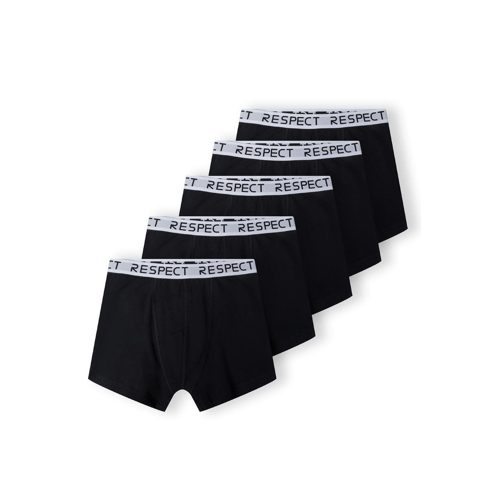 Five black boxers with white RESPECT logo waistbands arranged in fan formation on white background