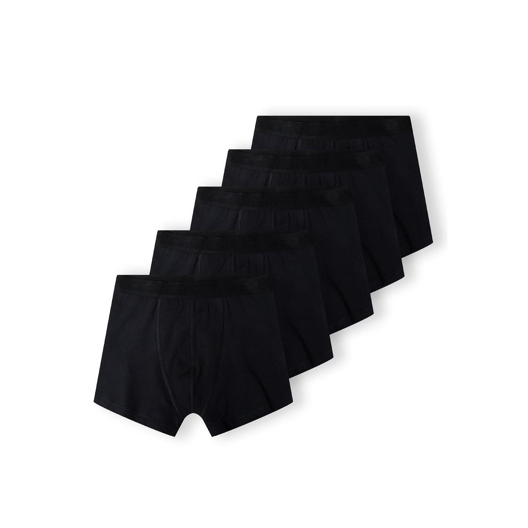 Five black cotton boxers arranged in a fan formation against white background showing the multipack value