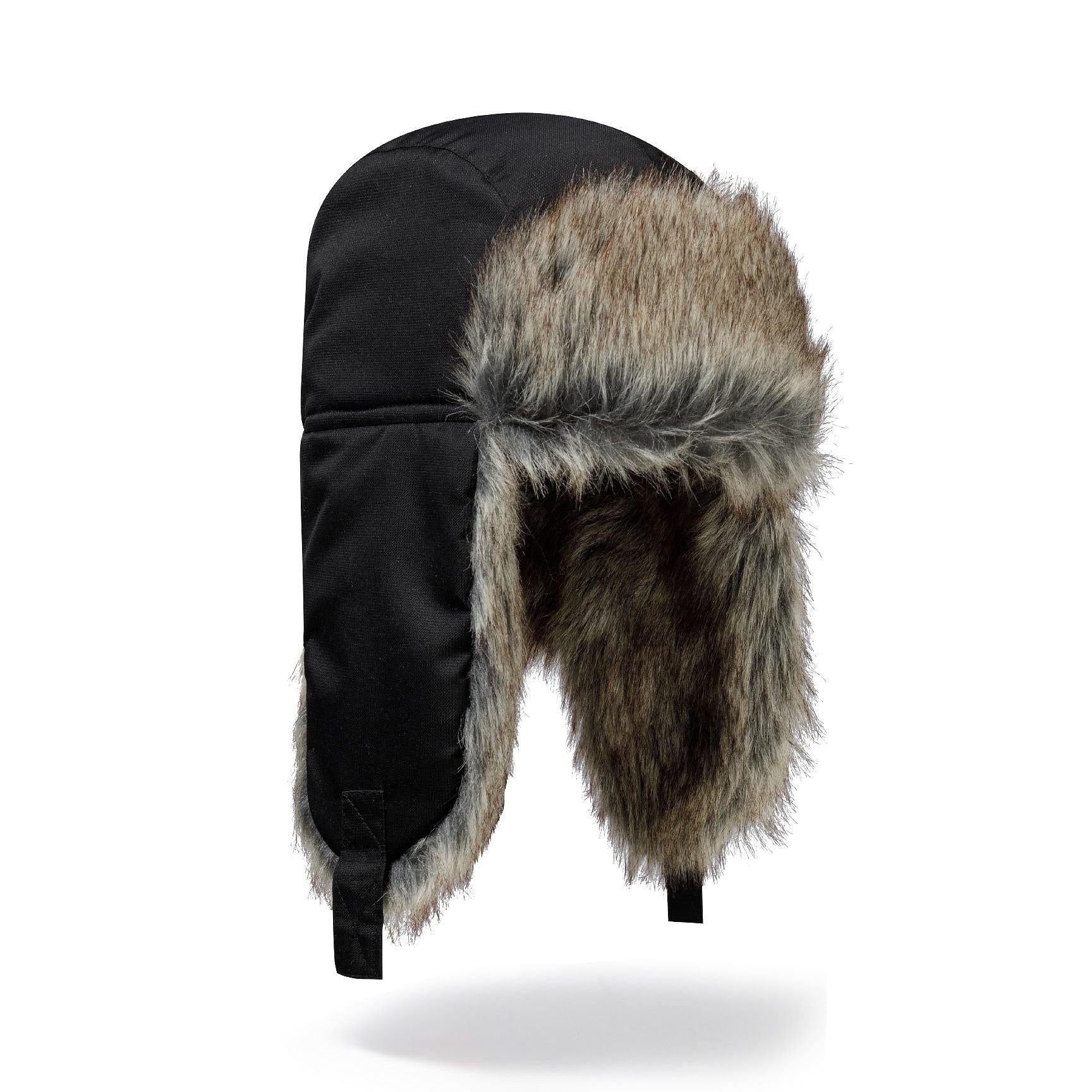Black trapper hat with brown faux fur trim on white background, showing full profile view with ear flaps down and chin straps visible