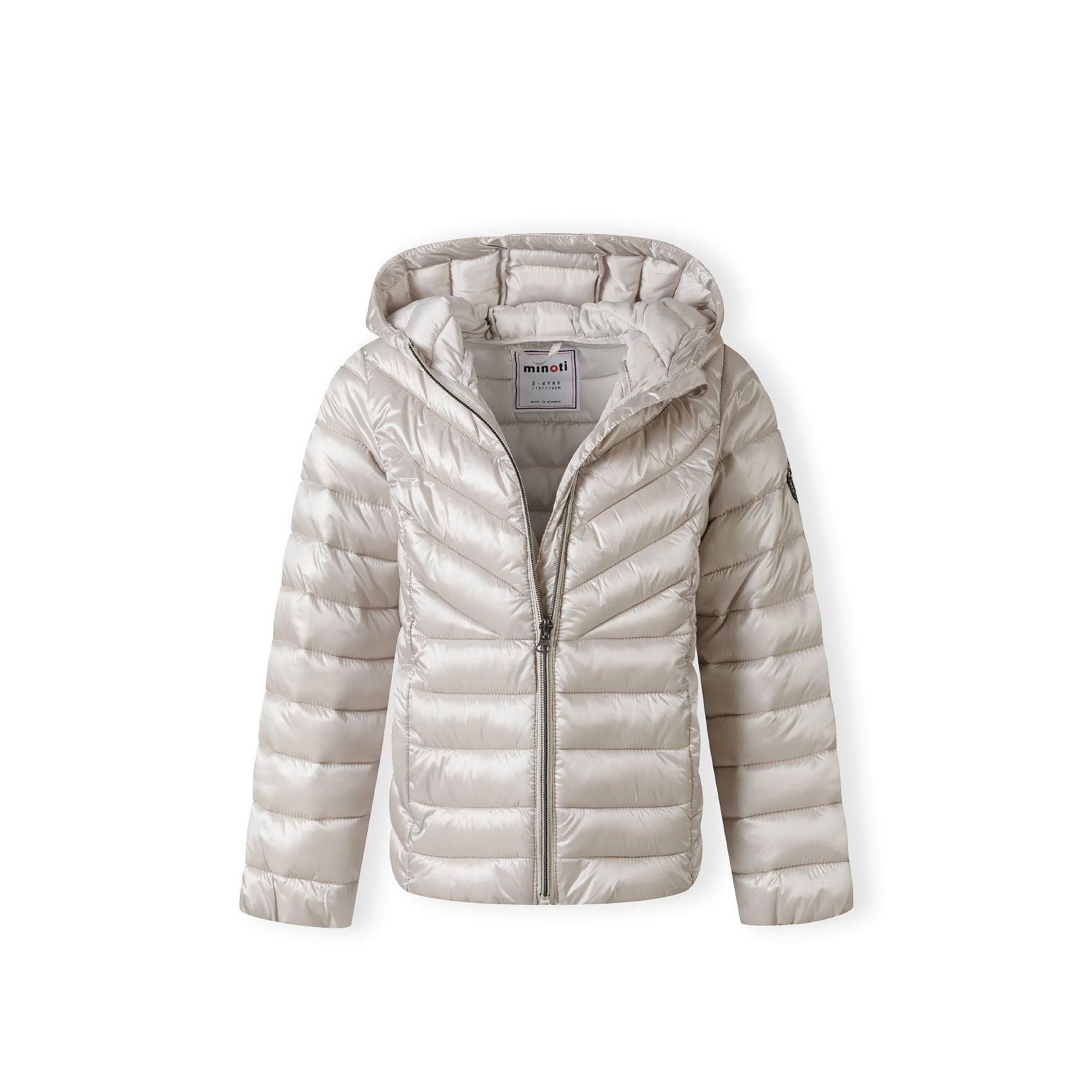 Grey quilted jacket laid flat showing full zip fastening, hood design and quilted pattern detail on white background