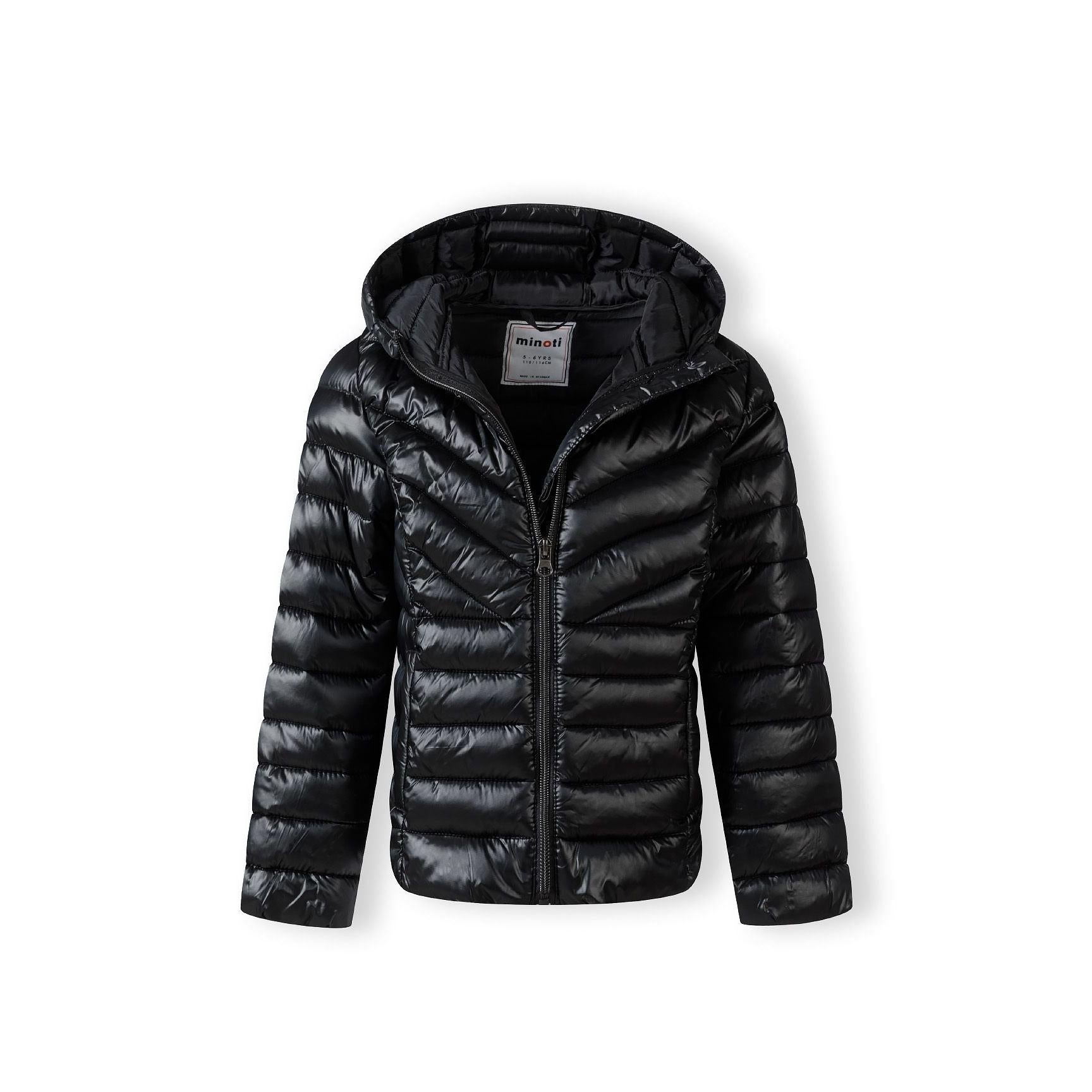 Black quilted hooded jacket displayed flat against white background showing front view with zip closure and Minoti label visible inside collar