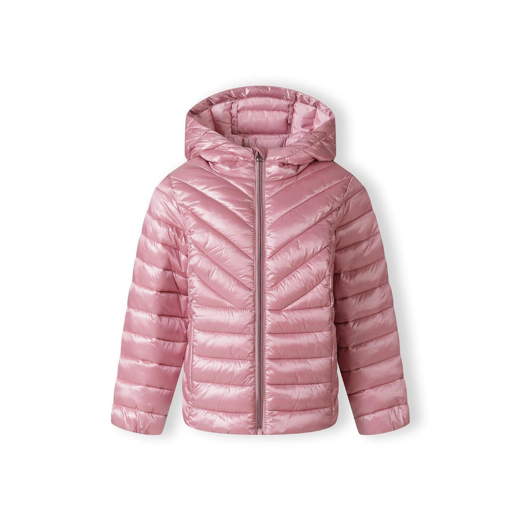 Pink quilted jacket laid flat showing hooded design, zip closure and Minoti brand label