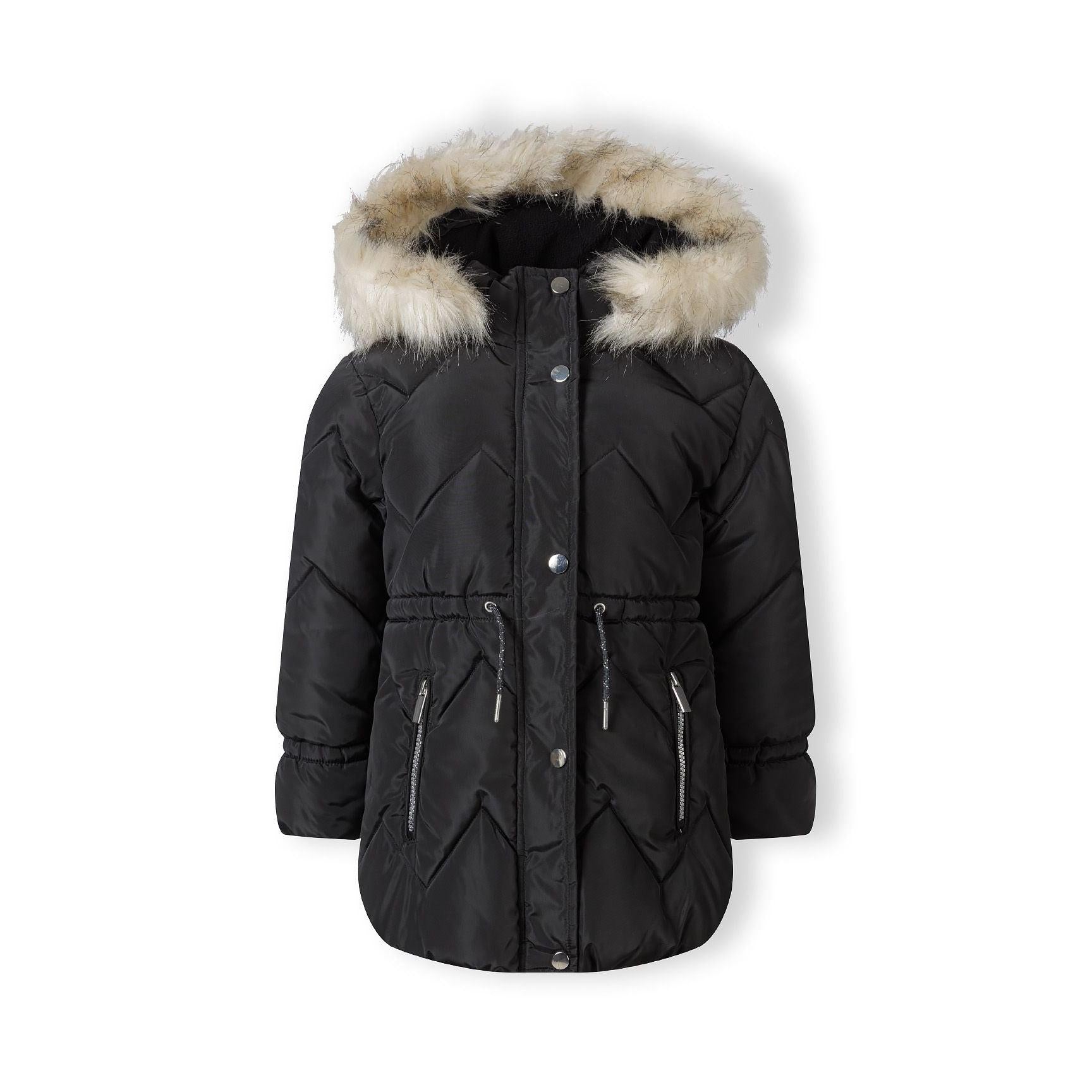 Black quilted parka jacket displayed flat against white background showing diamond quilting pattern, faux fur hood trim and multiple zip pockets