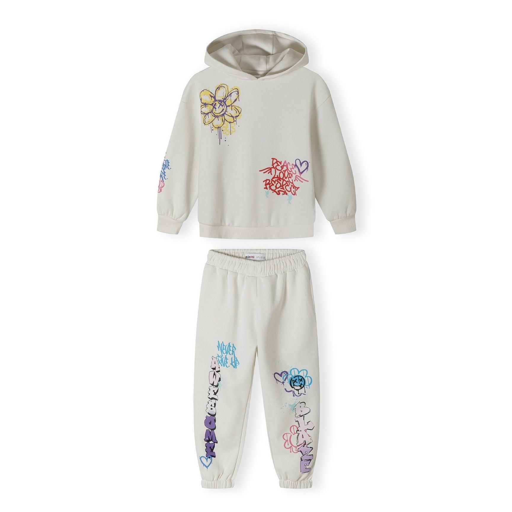 Back view of cream hooded sweatshirt showing graffiti prints including 'LOVE' text and floral designs with colourful drip effects