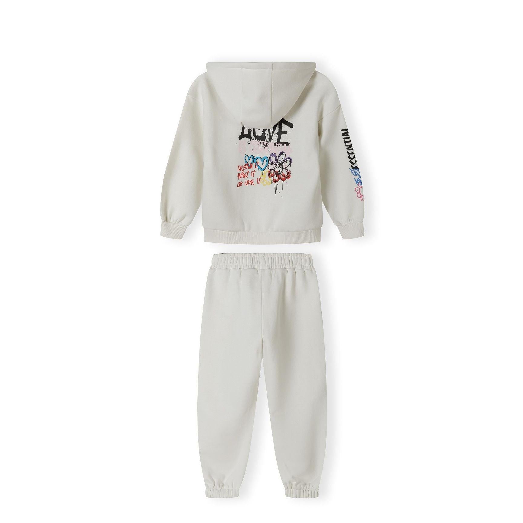 Close-up detail of cream hooded sweatshirt showing yellow and purple hand-drawn flower print and red graffiti text on chest area