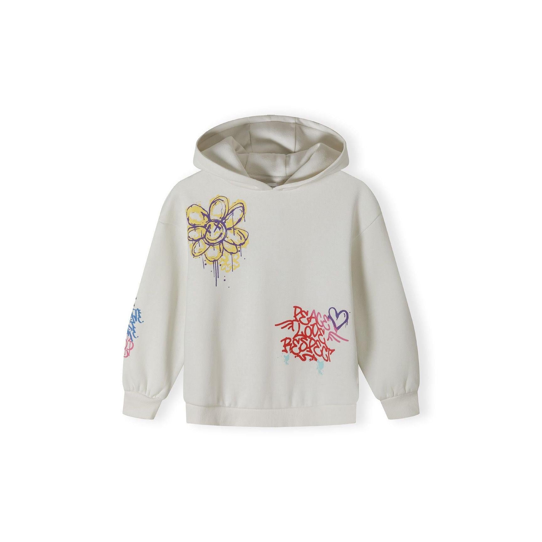 Close-up detail of cream hooded sweatshirt showing yellow and purple hand-drawn flower print and red graffiti text on chest area