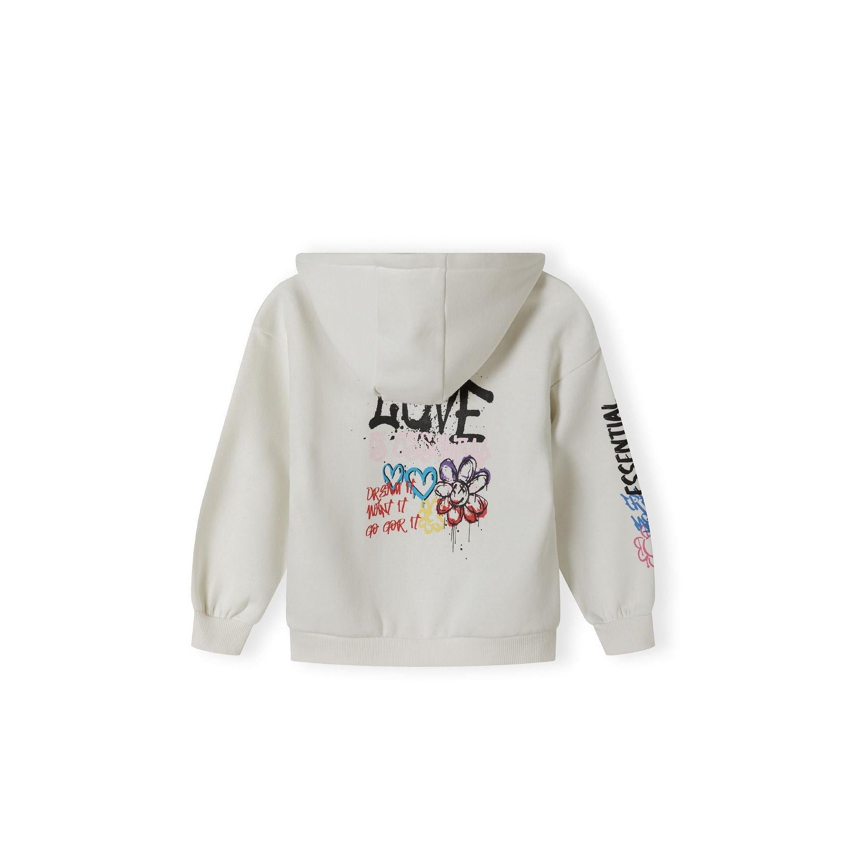 Back view of cream hooded sweatshirt showing graffiti prints including 'LOVE' text and floral designs with colourful drip effects
