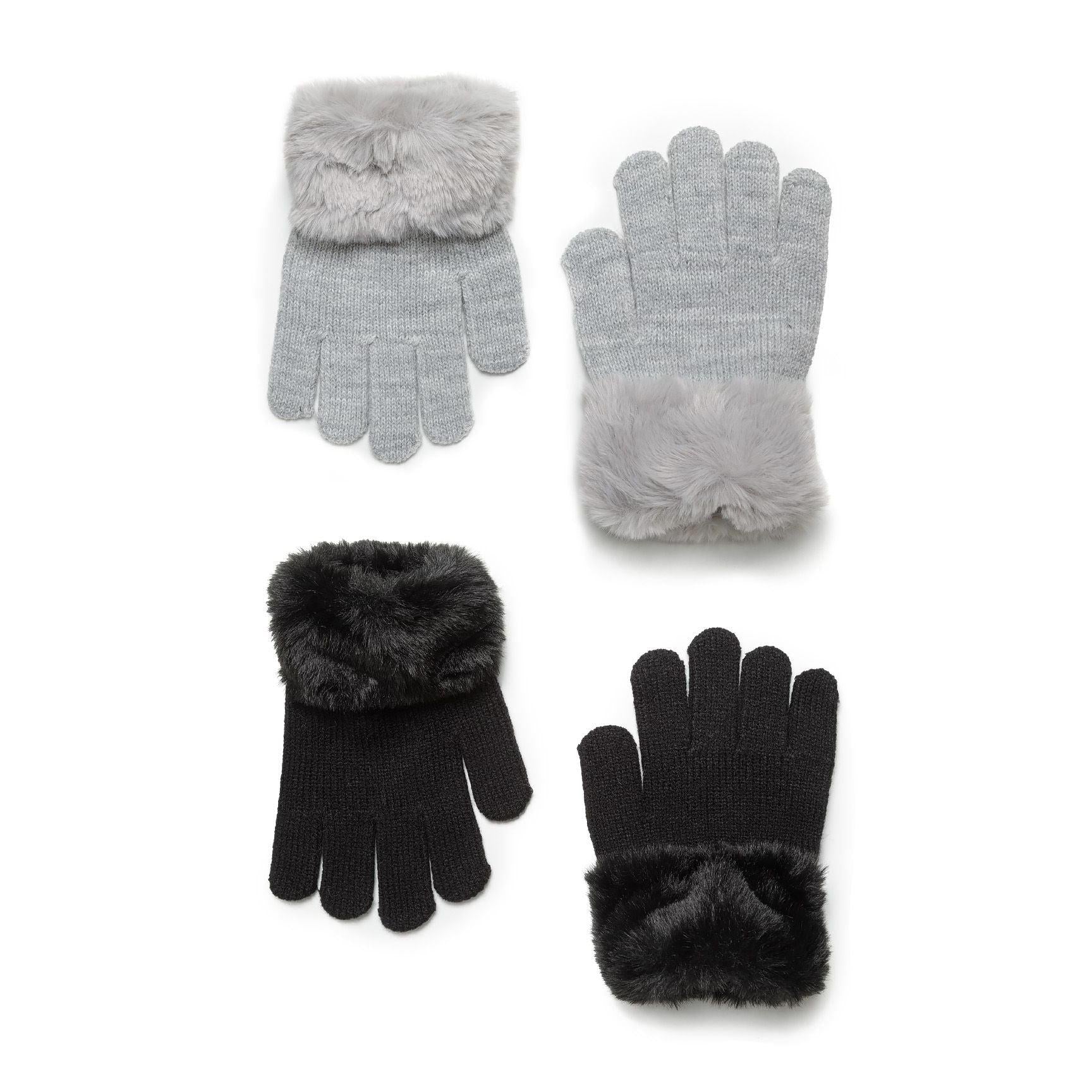 Two pairs of black knitted gloves with grey faux fur cuffs displayed on white background, showing both individual gloves and pairs