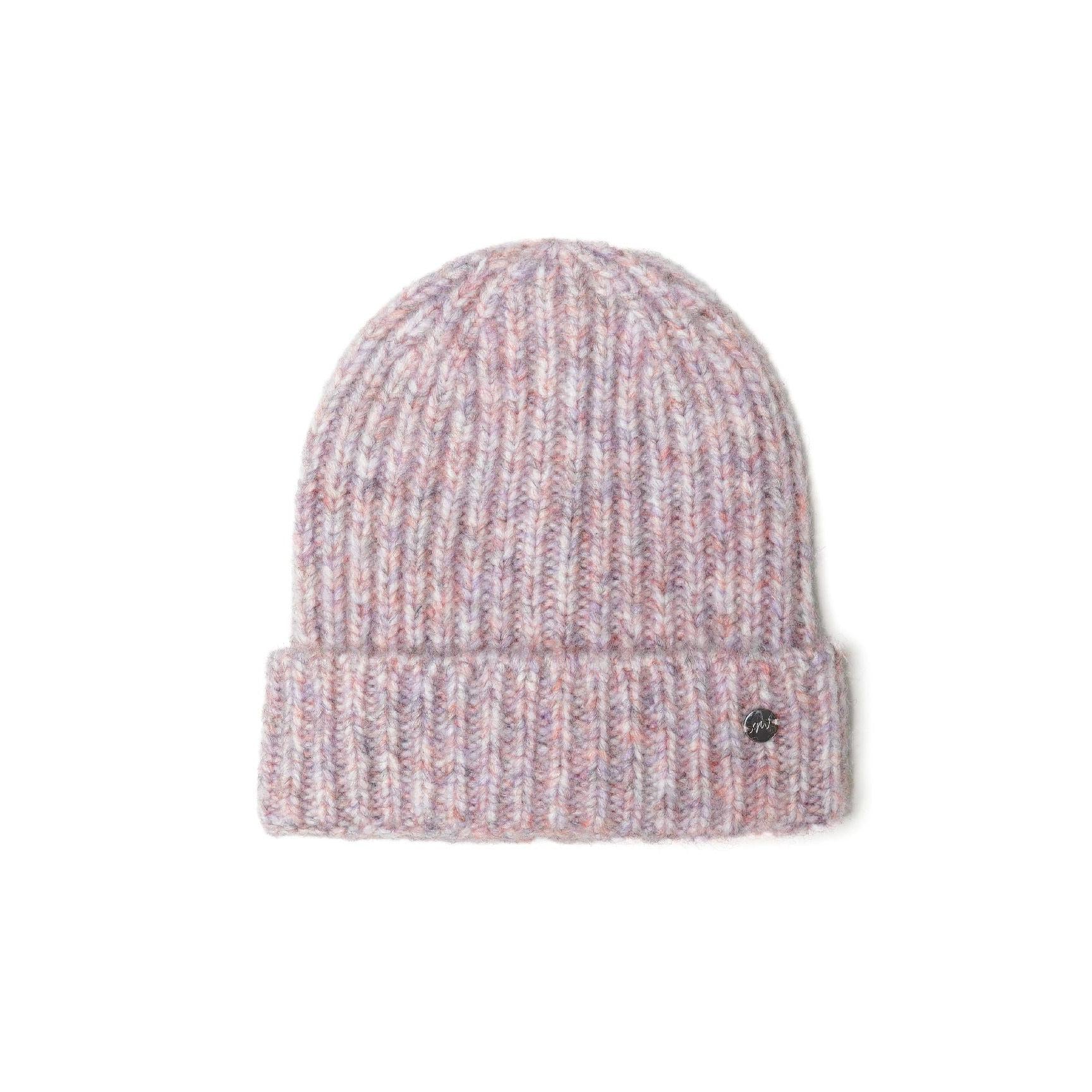 Light pink knitted beanie with multicolour yarn blend shown flat against white background, featuring ribbed texture and fold-up cuff with small round brand badge