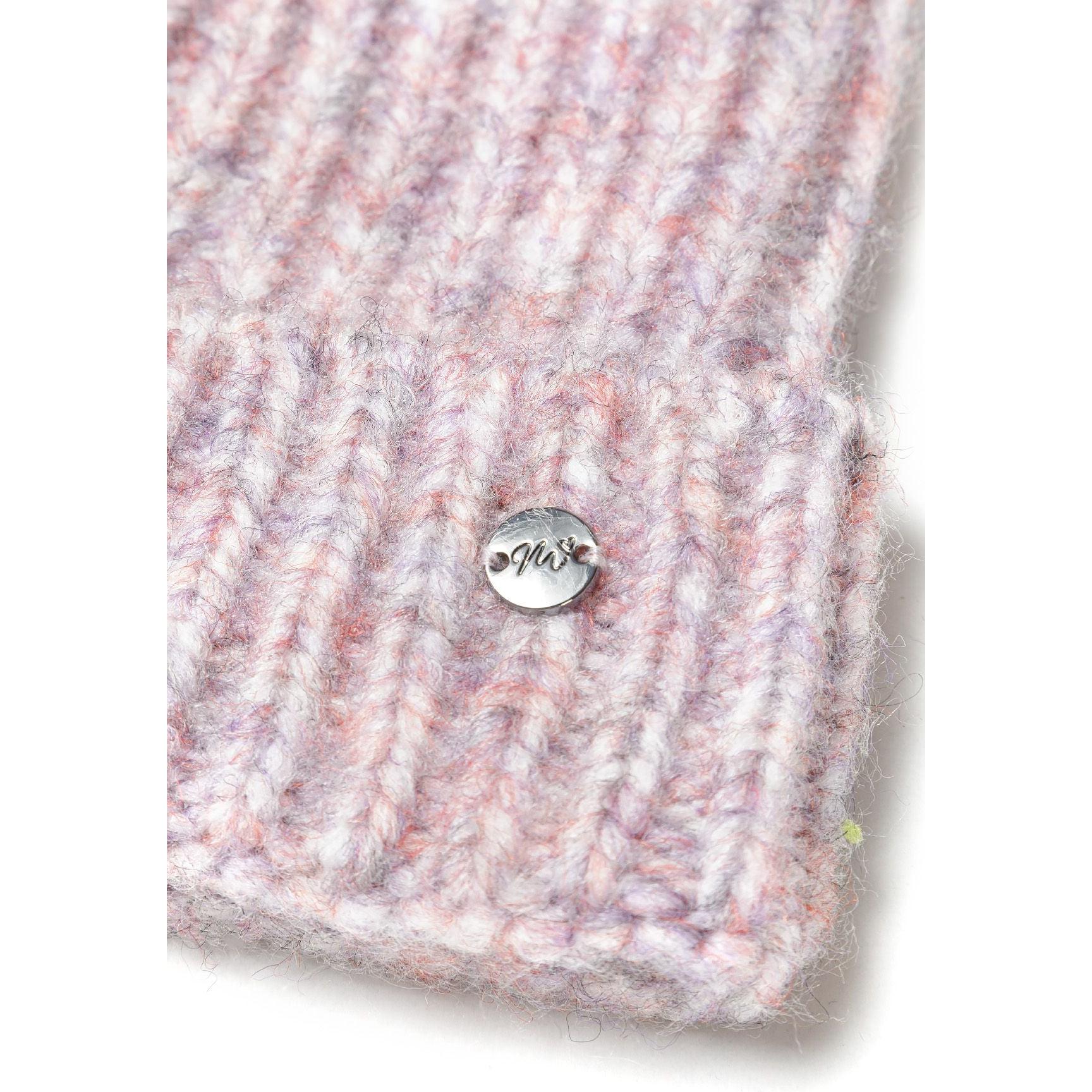 Close-up detail of the beanie's fold-up cuff showing the ribbed knit pattern in light pink multicolour yarn with small round silver-toned brand badge