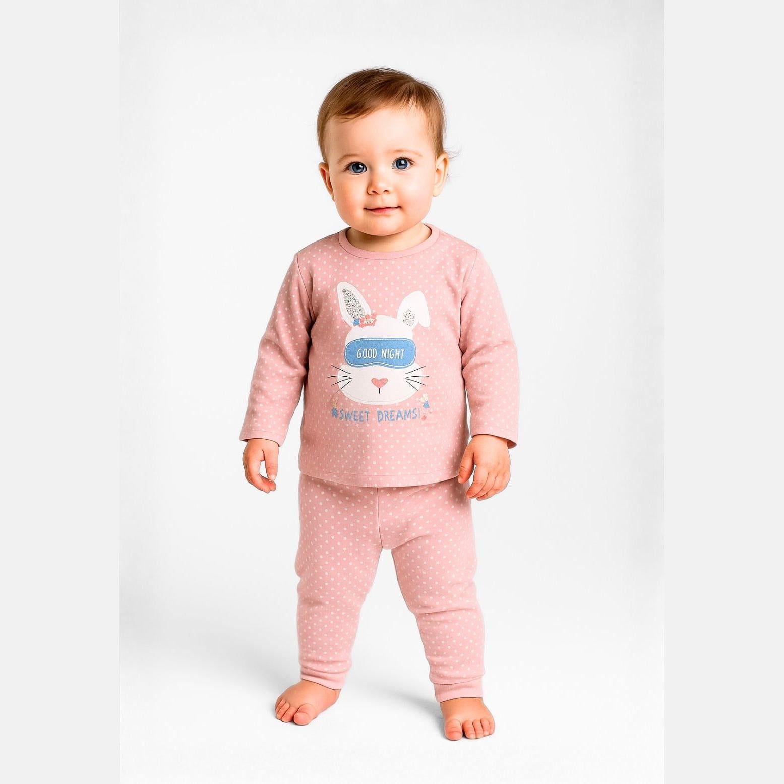 Baby wearing pink polka dot pyjama set with bunny design, standing against white background