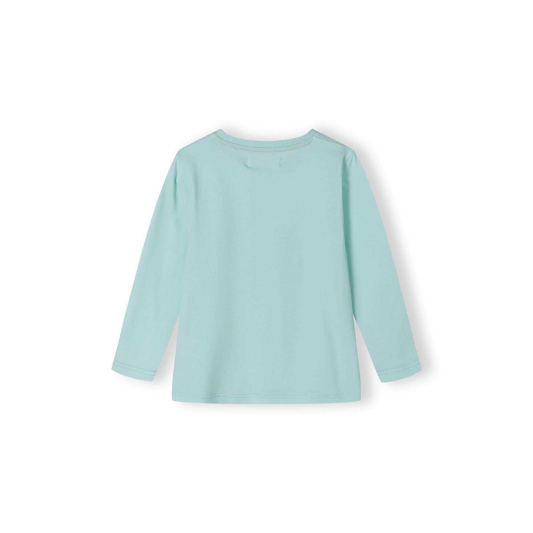 Turquoise pyjama bottoms with all-over pink cat pattern and matching turquoise ribbed cuffs laid flat on white background