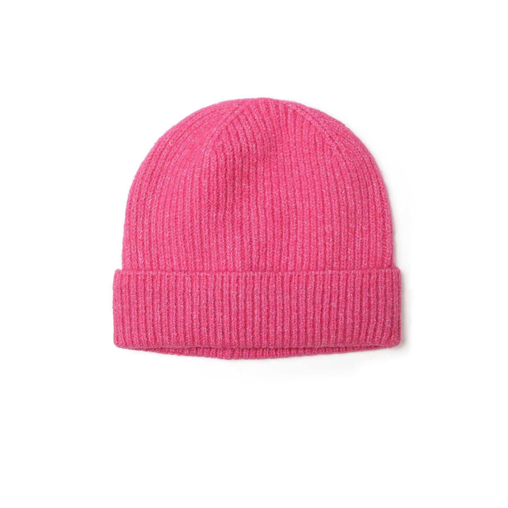 Pink knitted beanie hat shown flat against white background, featuring ribbed texture and folded cuff design