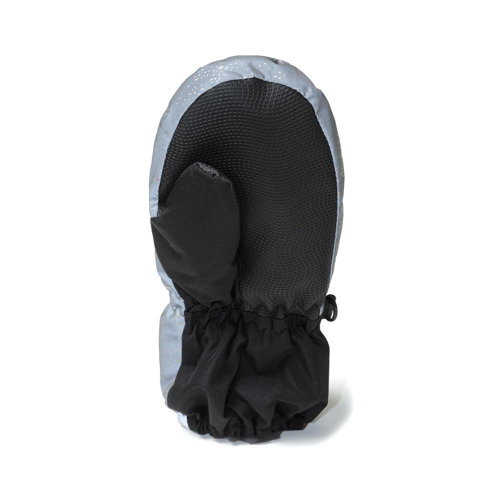 Pair of silver ski mittens with sparkly finish and pink trim, displaying both exterior views with elastic cuffs and drawstrings