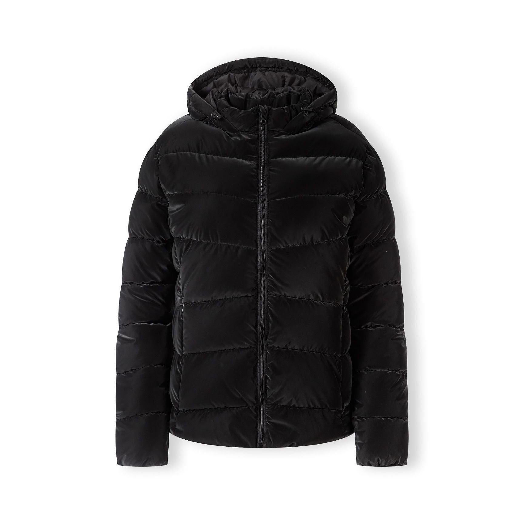 Black velvet padded jacket front view on white background showing quilted design and hood