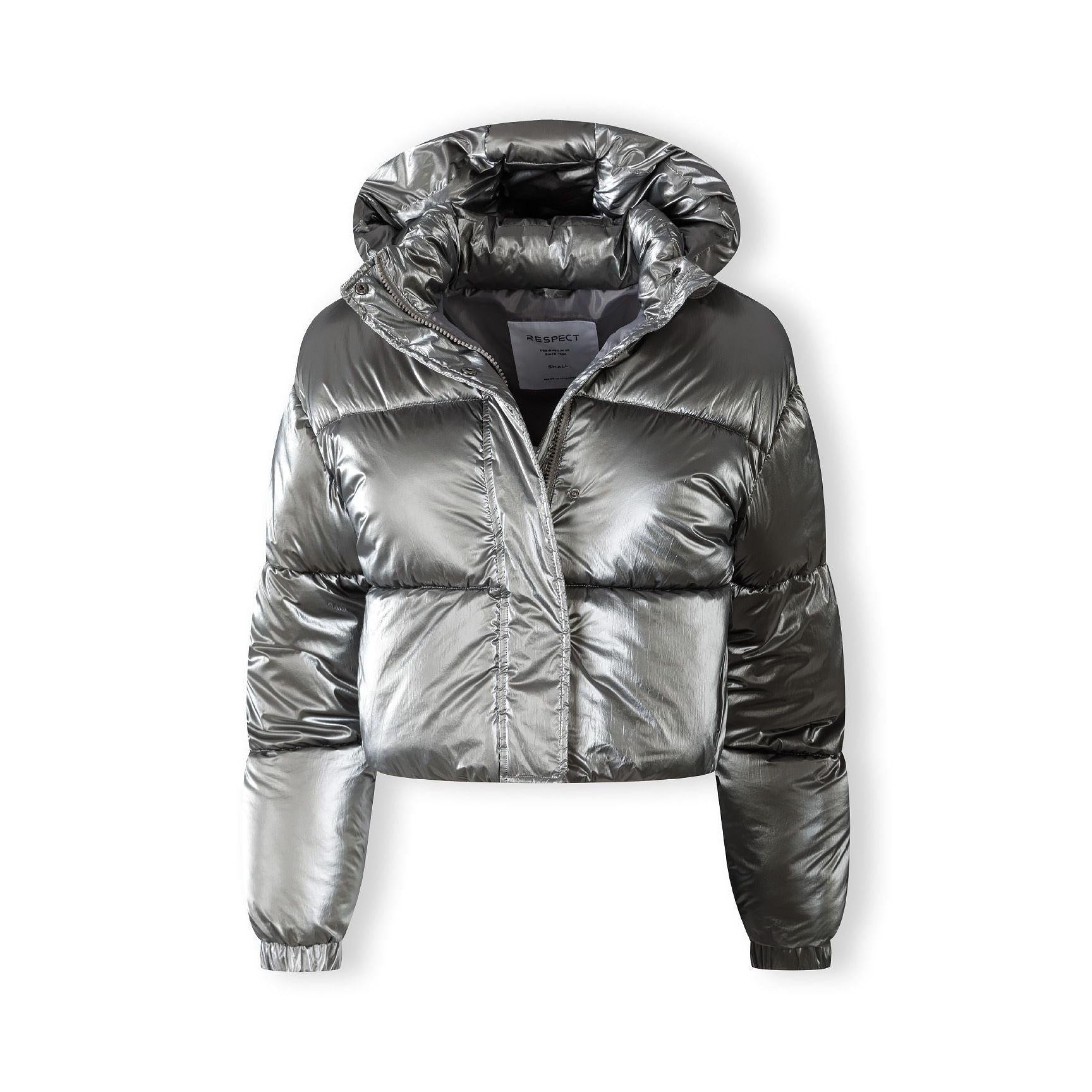 Front view of metallic silver padded jacket showing zip closure and hood detail on white background