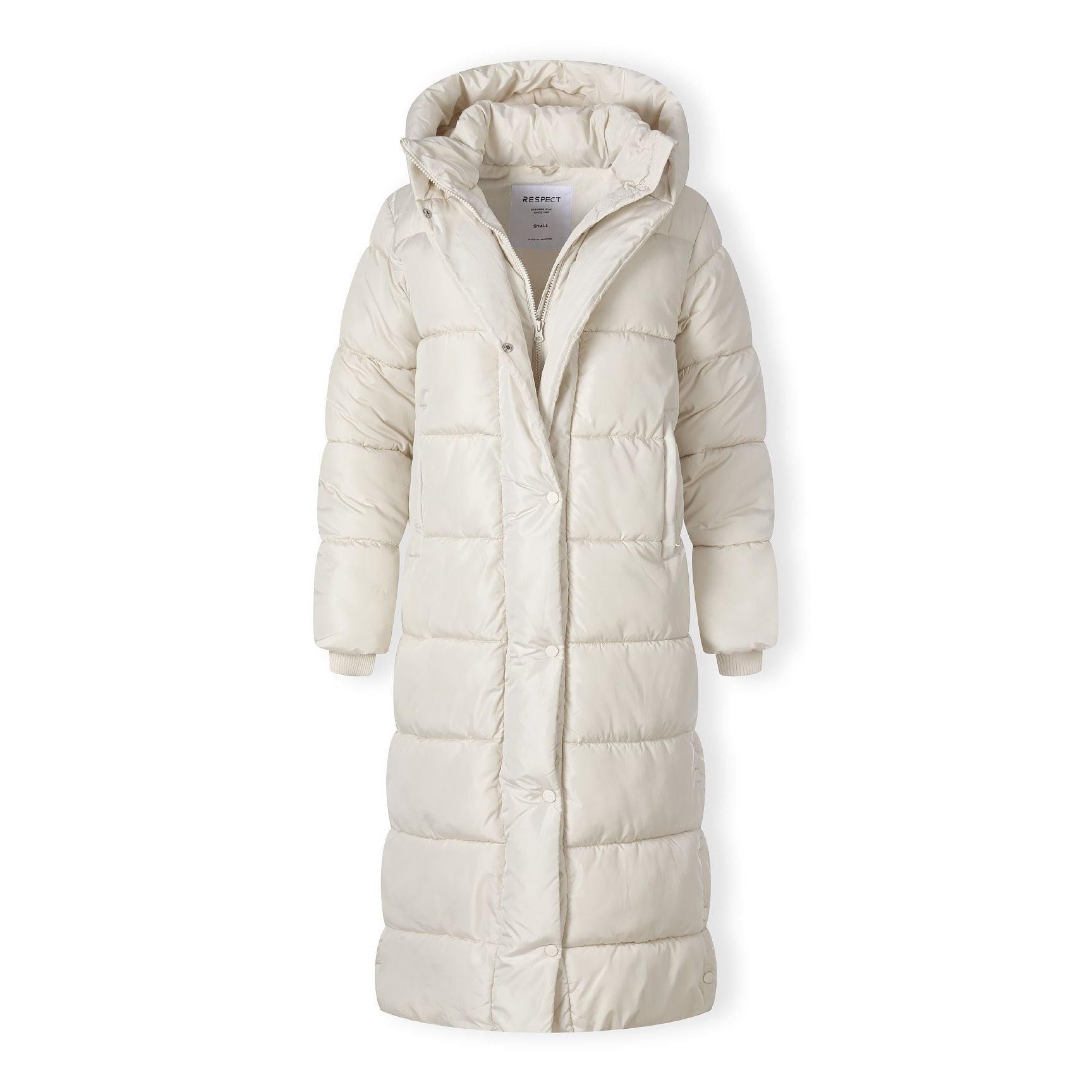 Open cream puffer jacket showing inner lining and Minoti label with hood detail