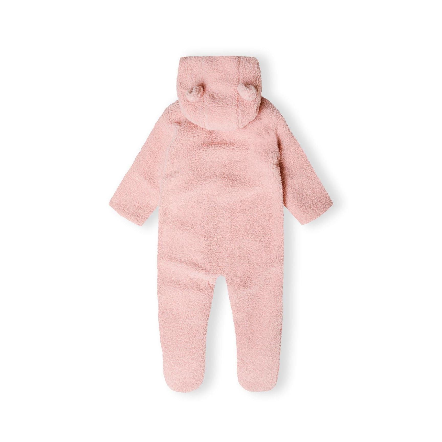 Light pink sherpa snowsuit partially unzipped showing soft interior lining, displayed flat against white background with Minoti label visible
