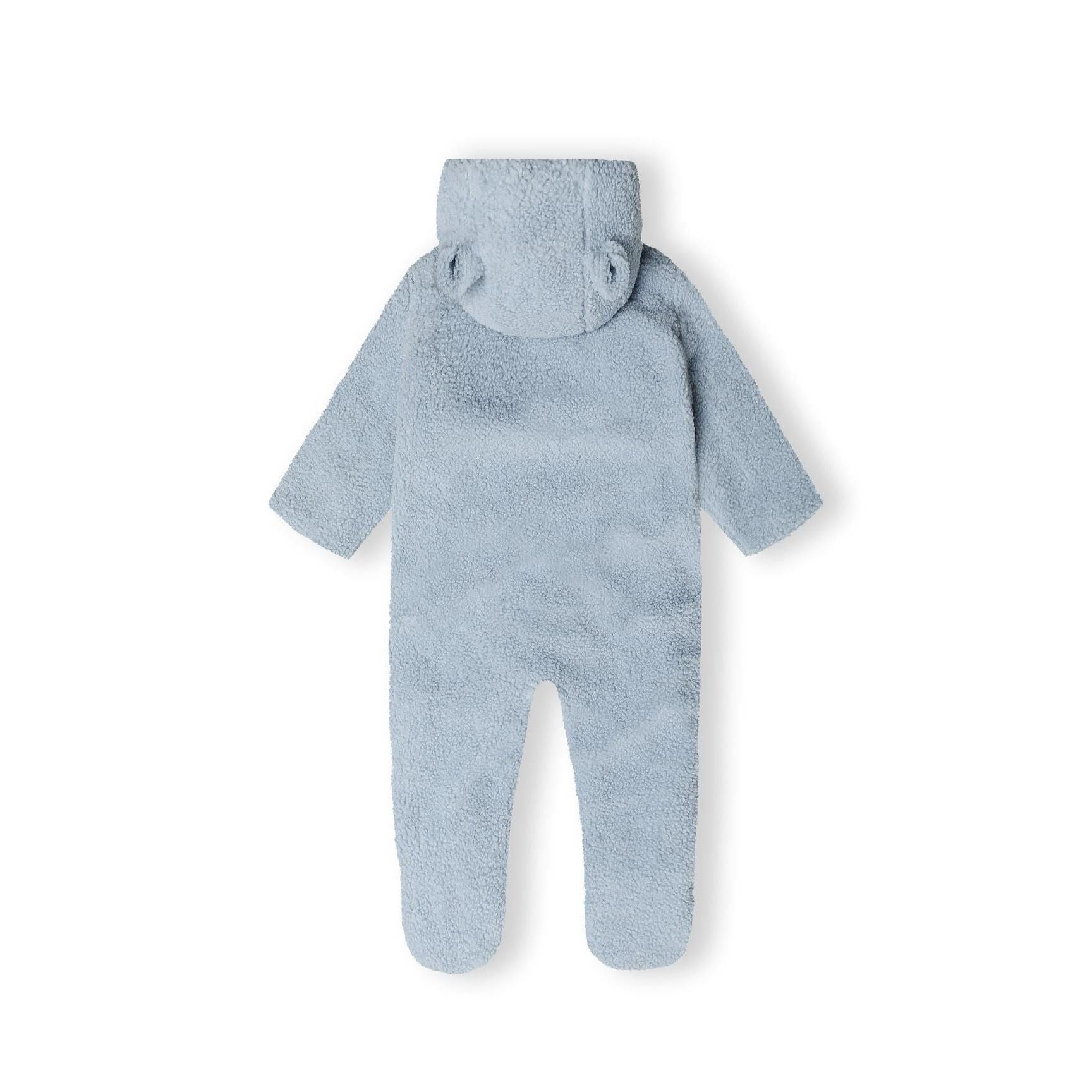 Light blue sherpa snowsuit shown partially unzipped to reveal quilted inner lining, flat lay against white background