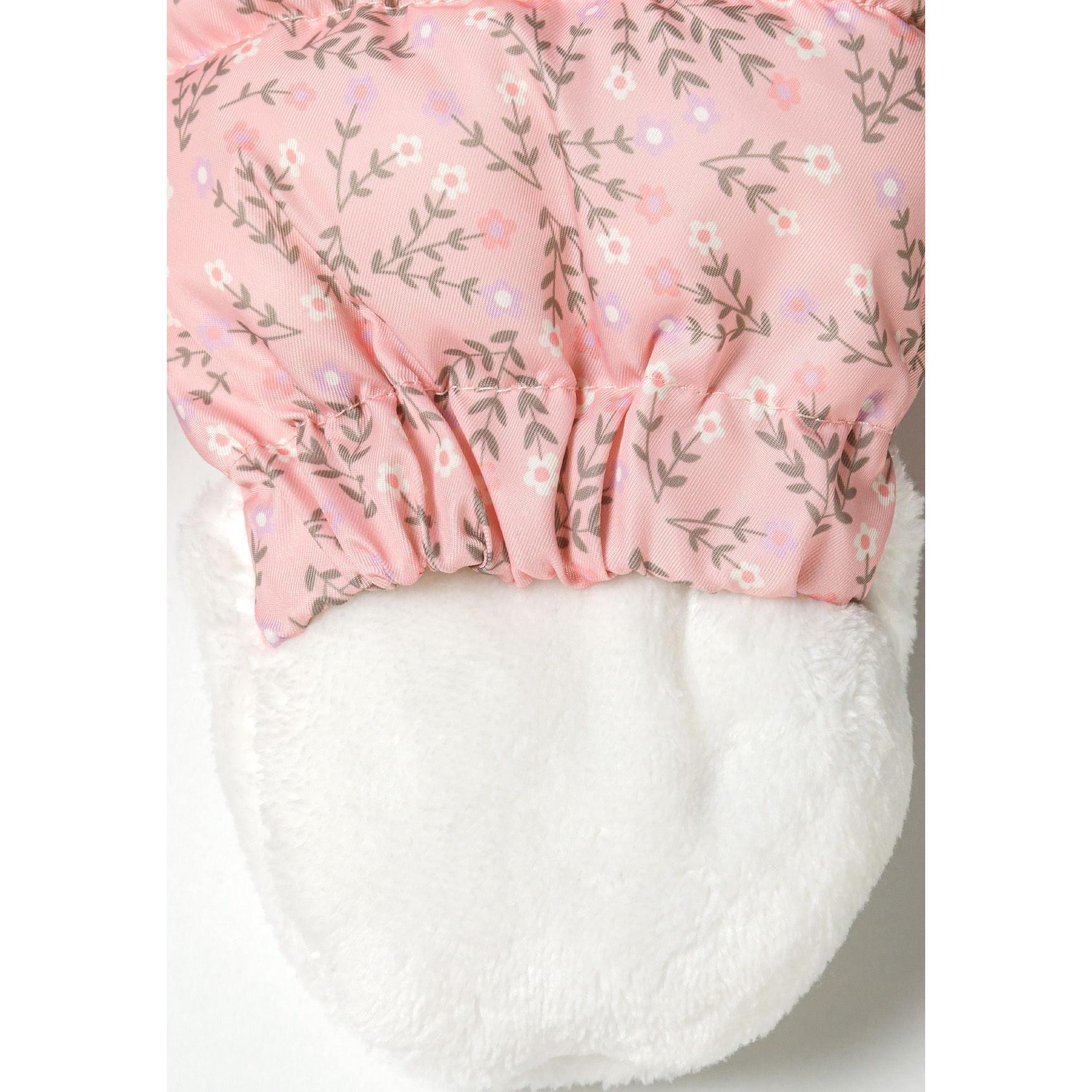Detail shot of baby snowsuit booties showing floral print pattern and quilted construction with white trim on neutral background
