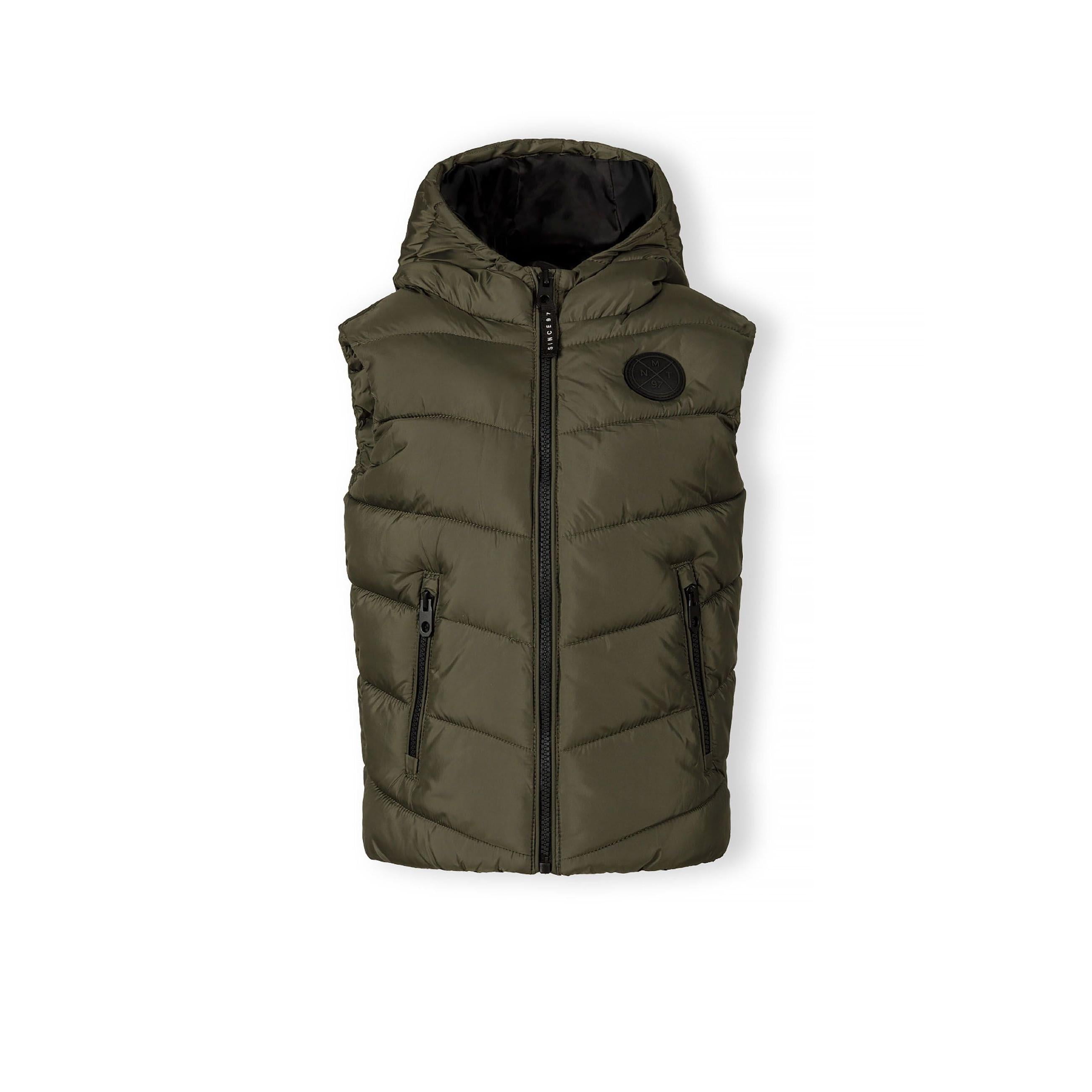 Khaki padded gilet with black hood lining laid flat showing front view with zipper and side pockets