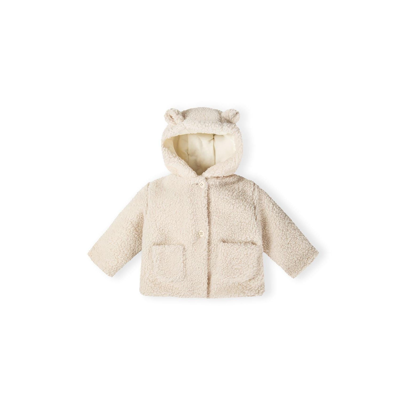 Cream teddy jacket with hood and bear ears, front view with button fastening on white background