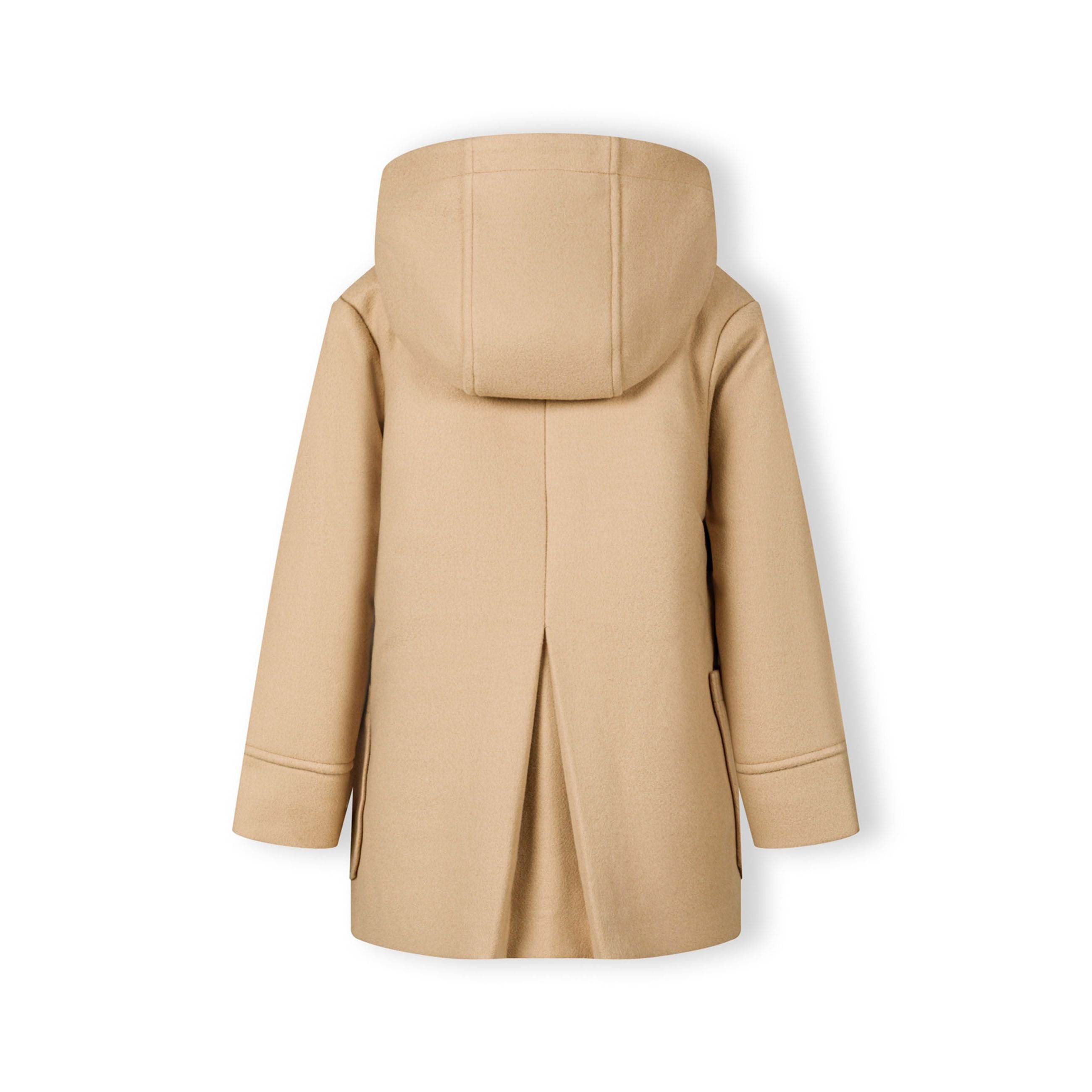 Back view of beige winter coat showing hood, straight cut design and center back seam detail on white background