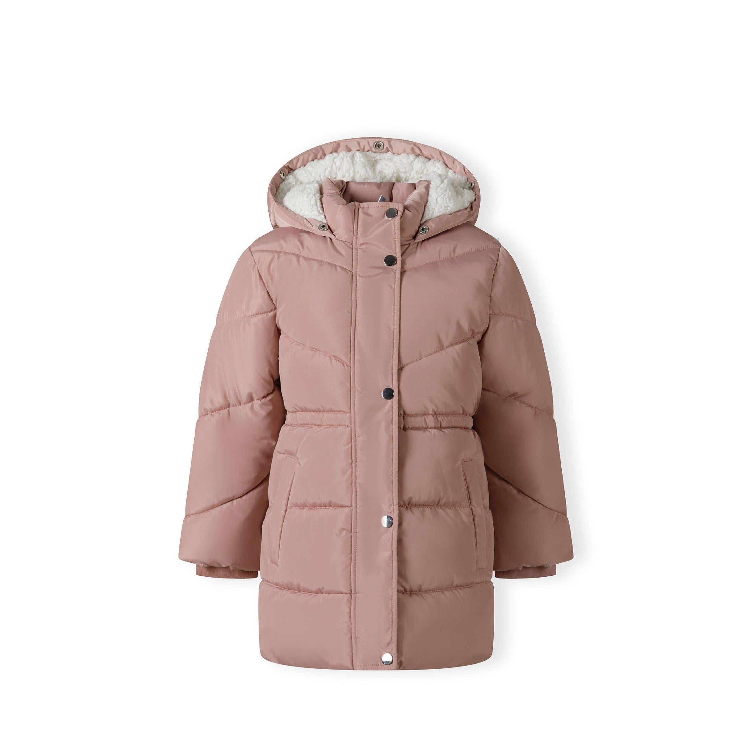 Flat lay of dusty pink quilted winter coat showing sherpa fleece lining inside hood and button closure details