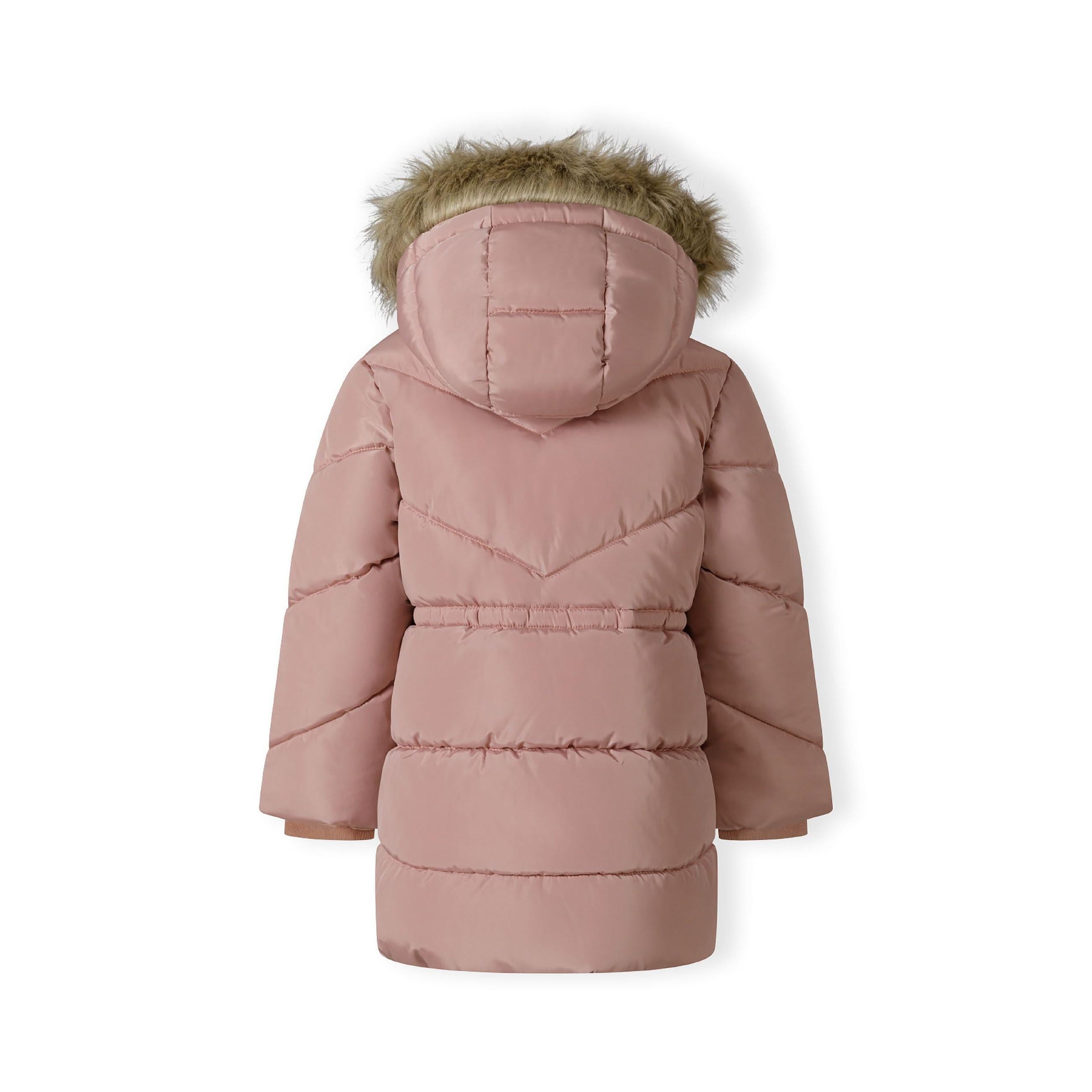 Flat lay of dusty pink quilted winter coat showing sherpa fleece lining inside hood and button closure details