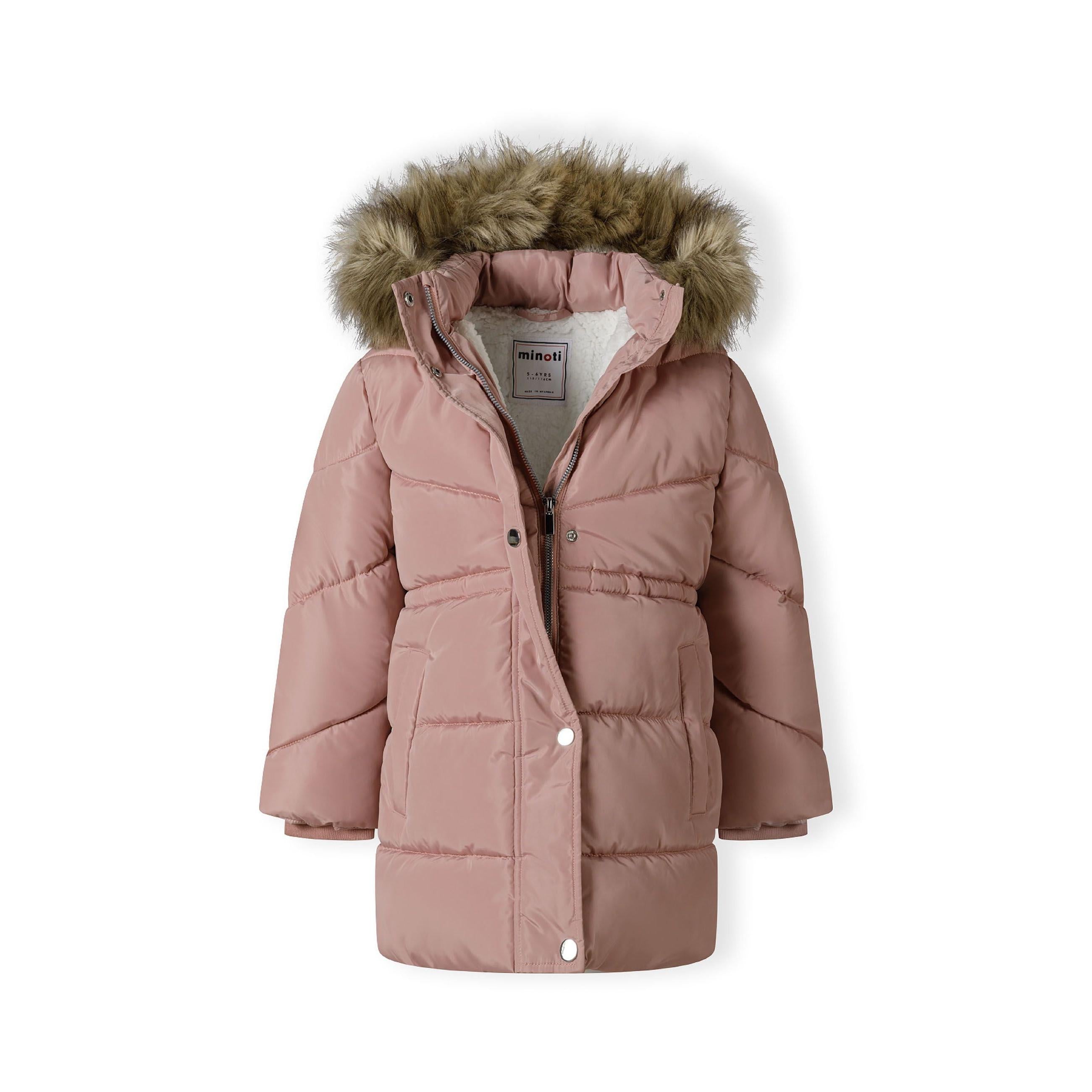 Front view of dusty pink quilted winter coat with hood up showing brown faux fur trim and Minoti label inside
