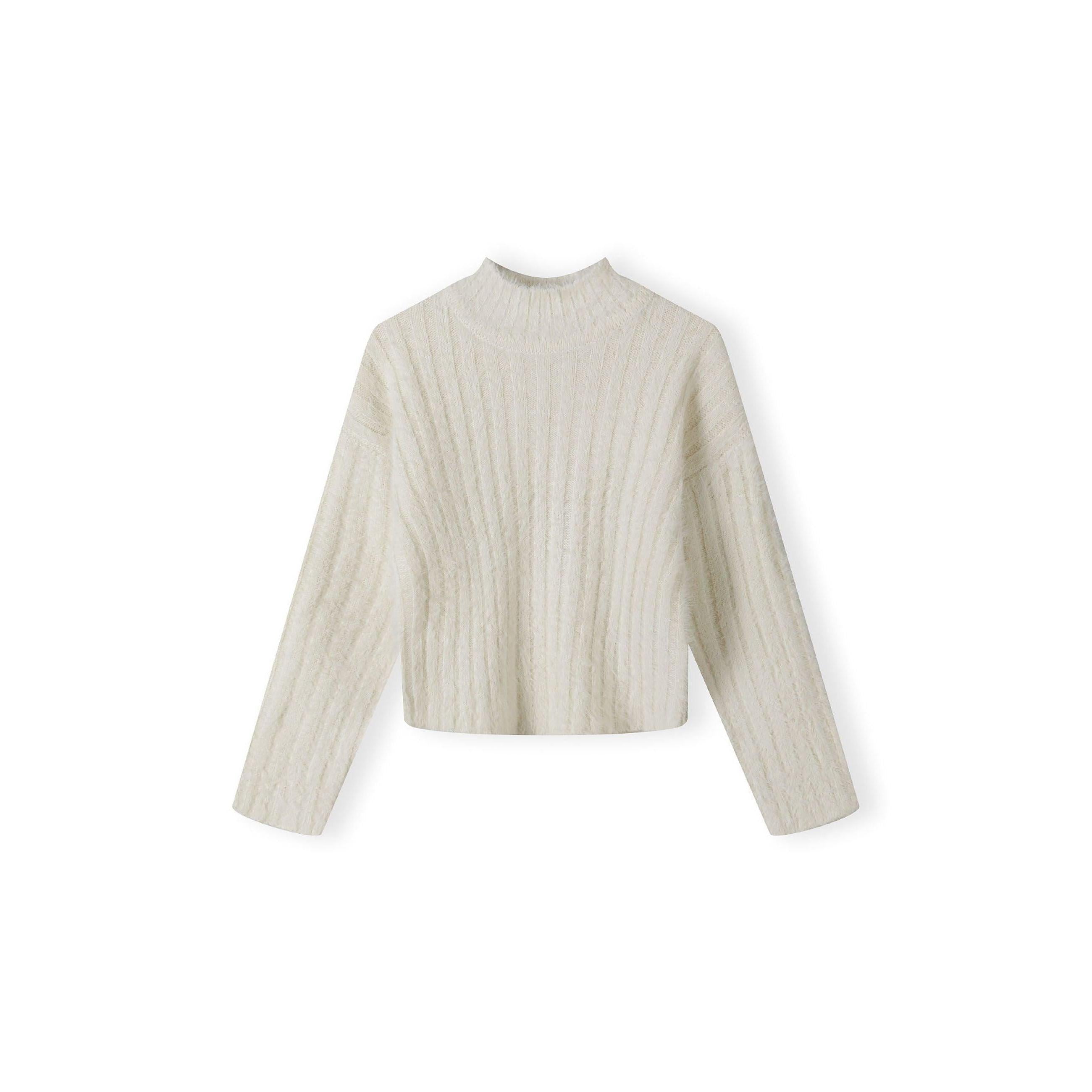 Flat lay of cream ribbed turtleneck jumper showing front view with high neck and long sleeves on white background