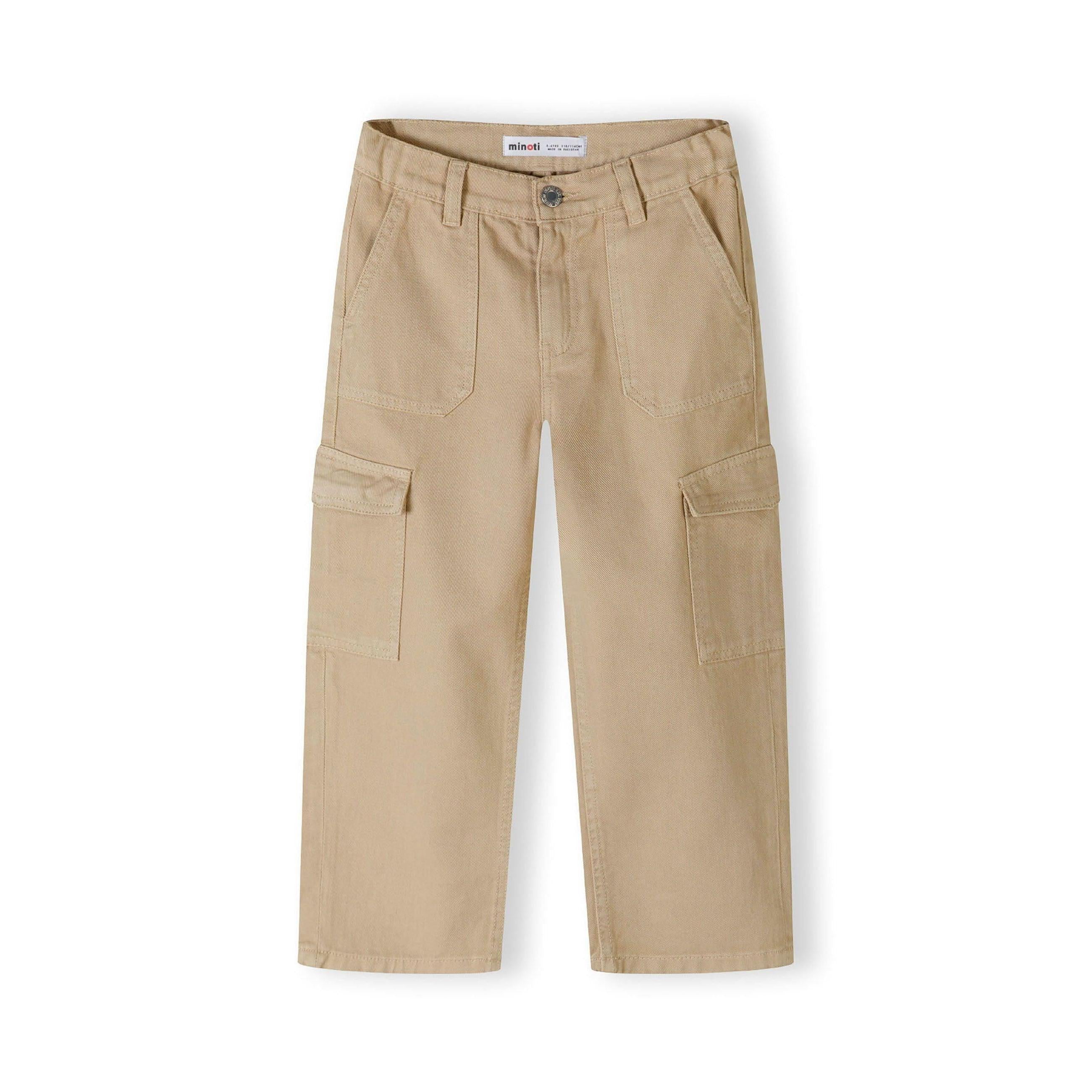 Back view of beige cargo trousers showing rear pockets and wide-leg silhouette on white background