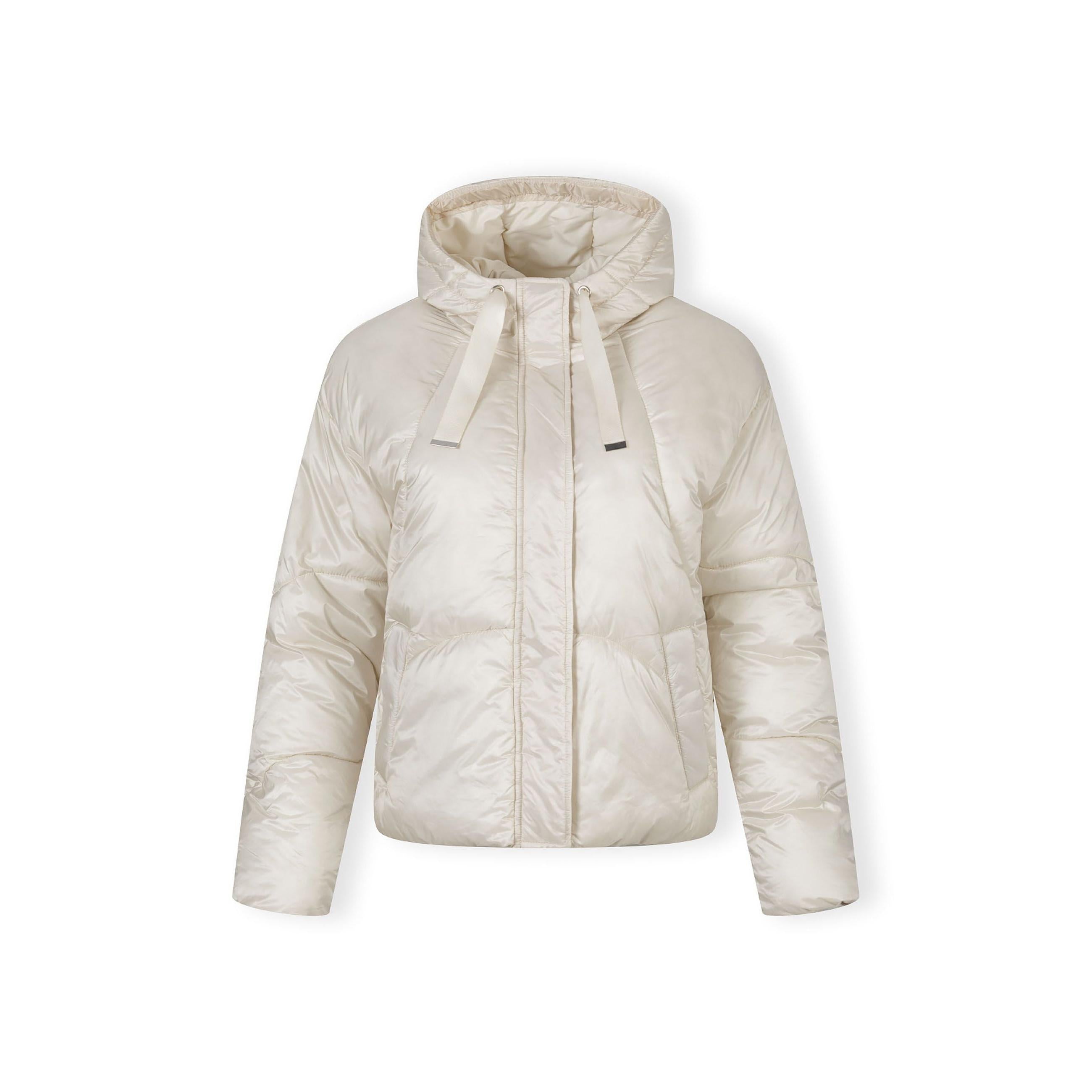 Cream puffer jacket laid flat showing quilted construction, hood, and zip fastening against white background