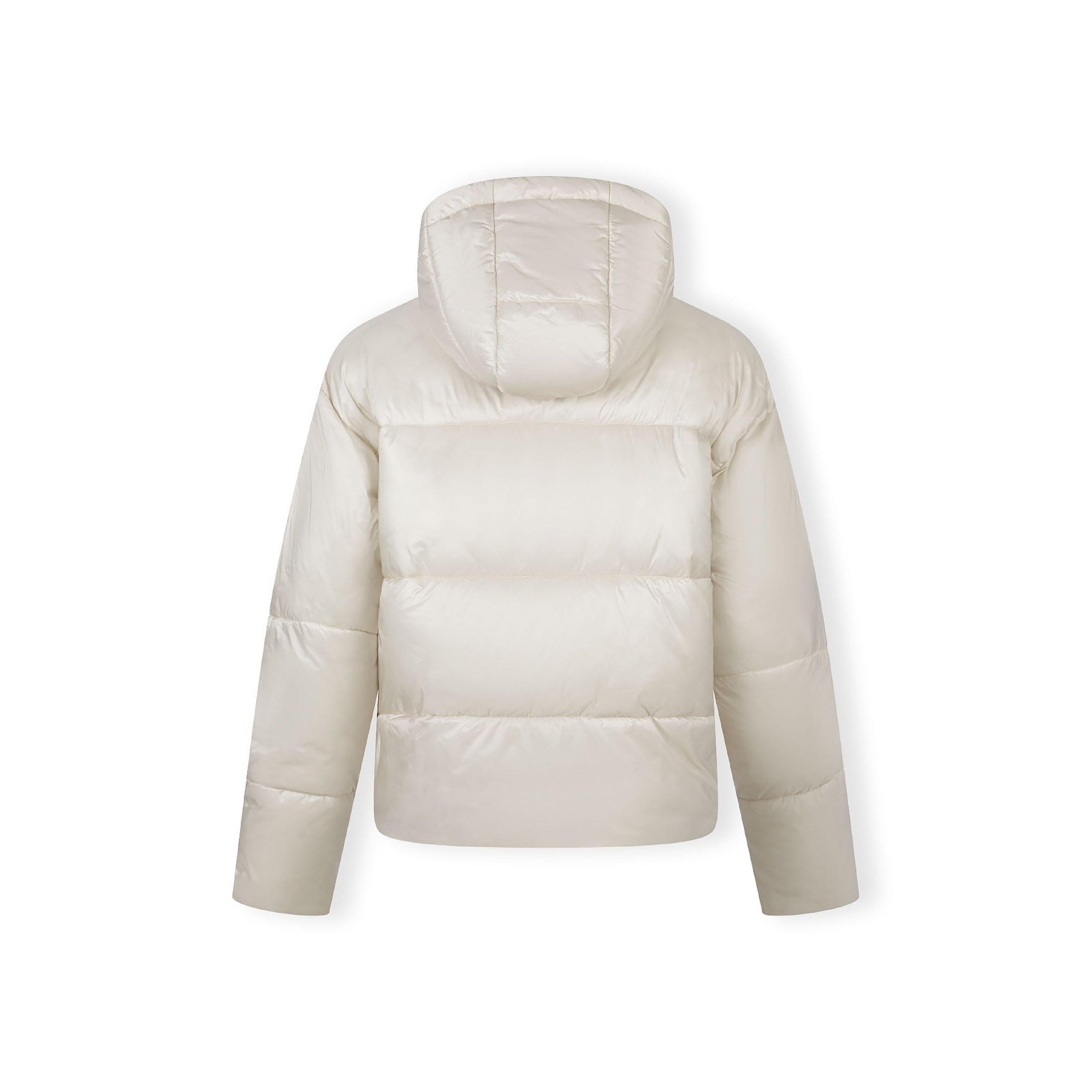 Close-up detail of cream puffer jacket showing quilted stitching pattern and side pocket on white background