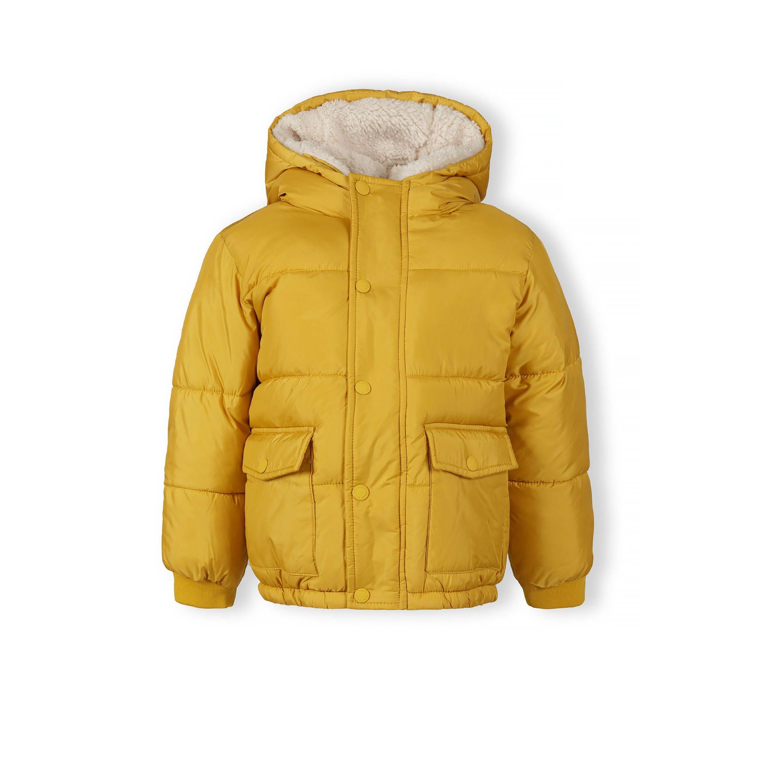 Mustard yellow teddy lined hooded jacket laid flat showing front view with hood open revealing cream fleece lining and Minoti label