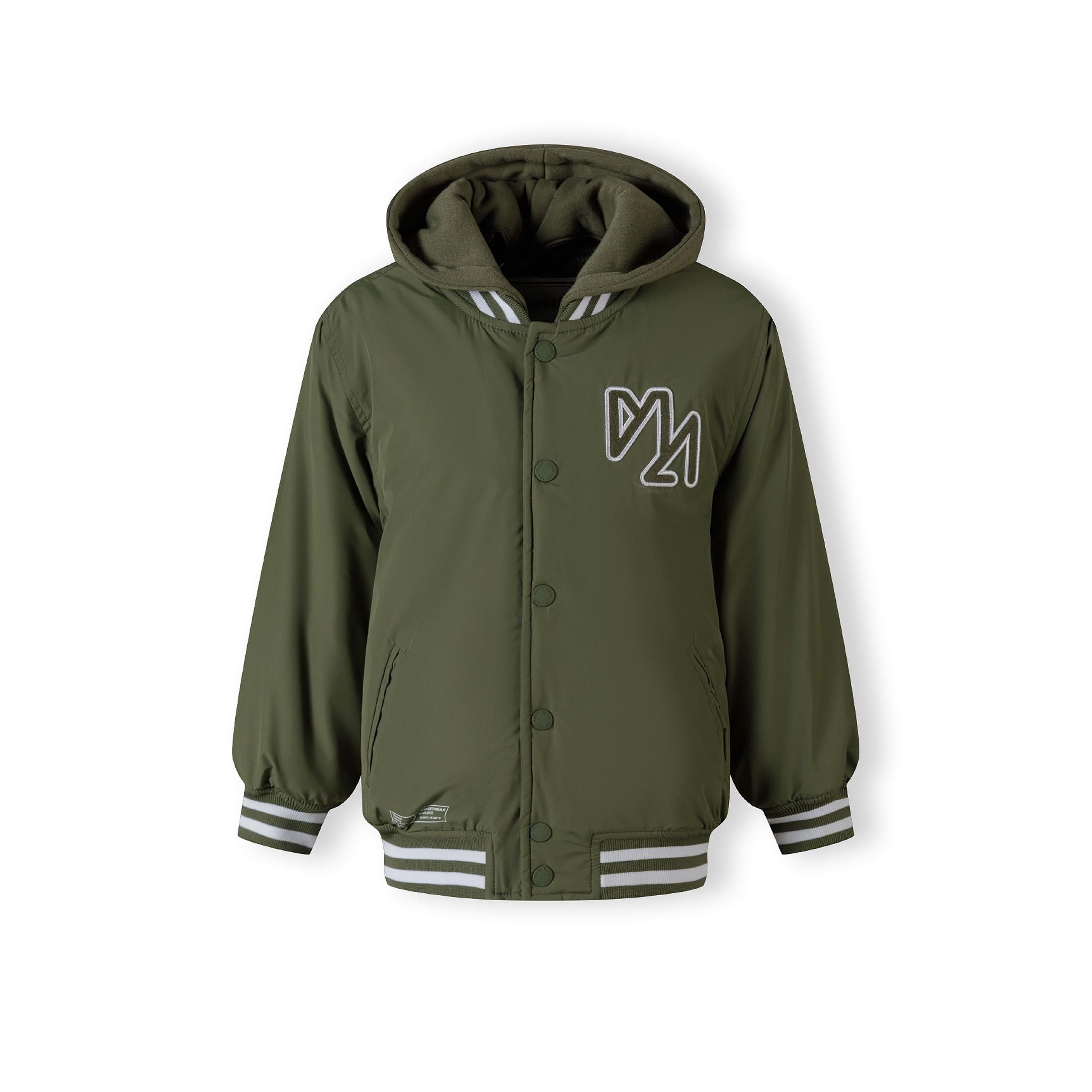 Khaki baseball jacket with detachable hood laid flat, showing button closure, contrast striped ribbing and embroidered logo on chest