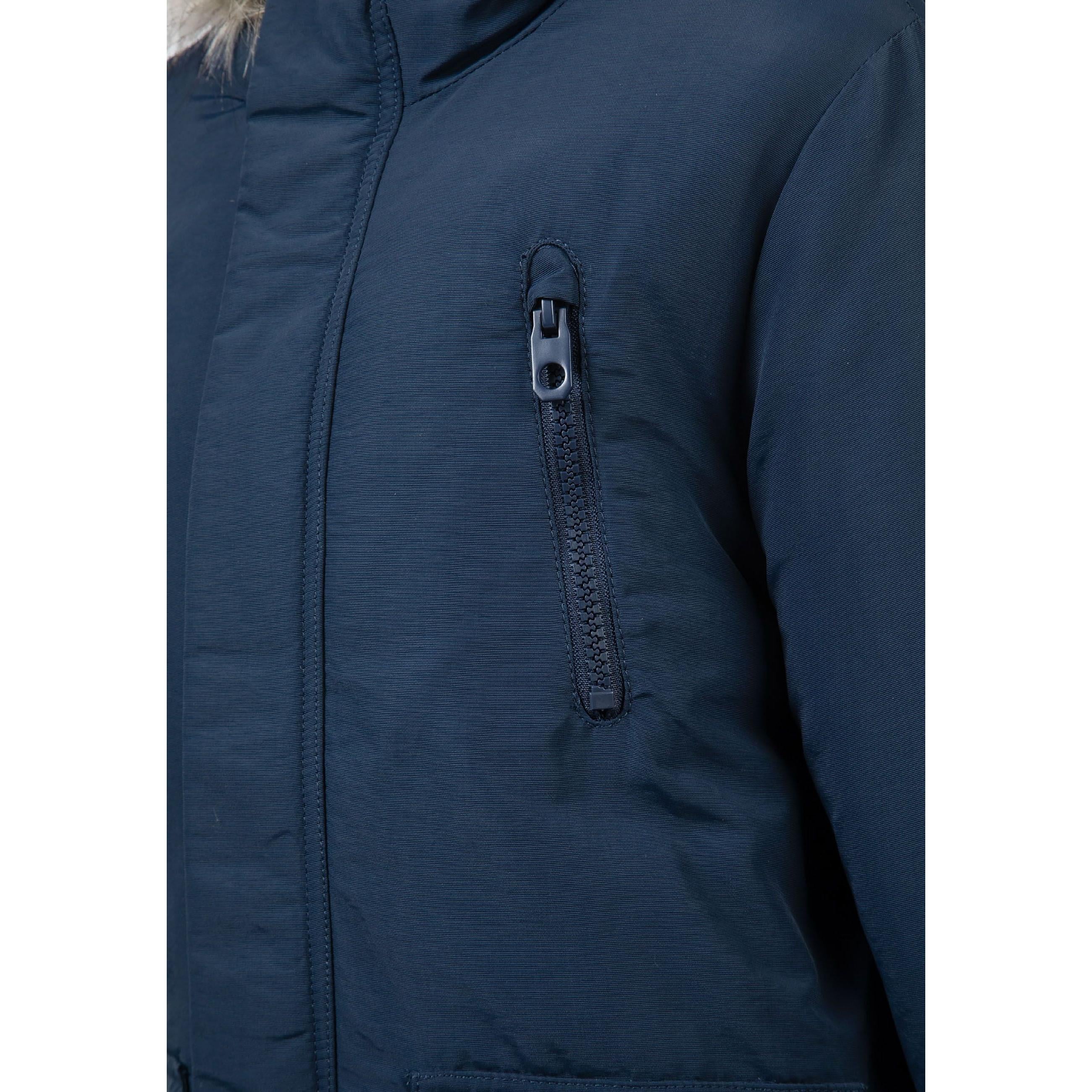 Close-up detail of navy parka pocket with button closure and red accent tab showing fabric texture