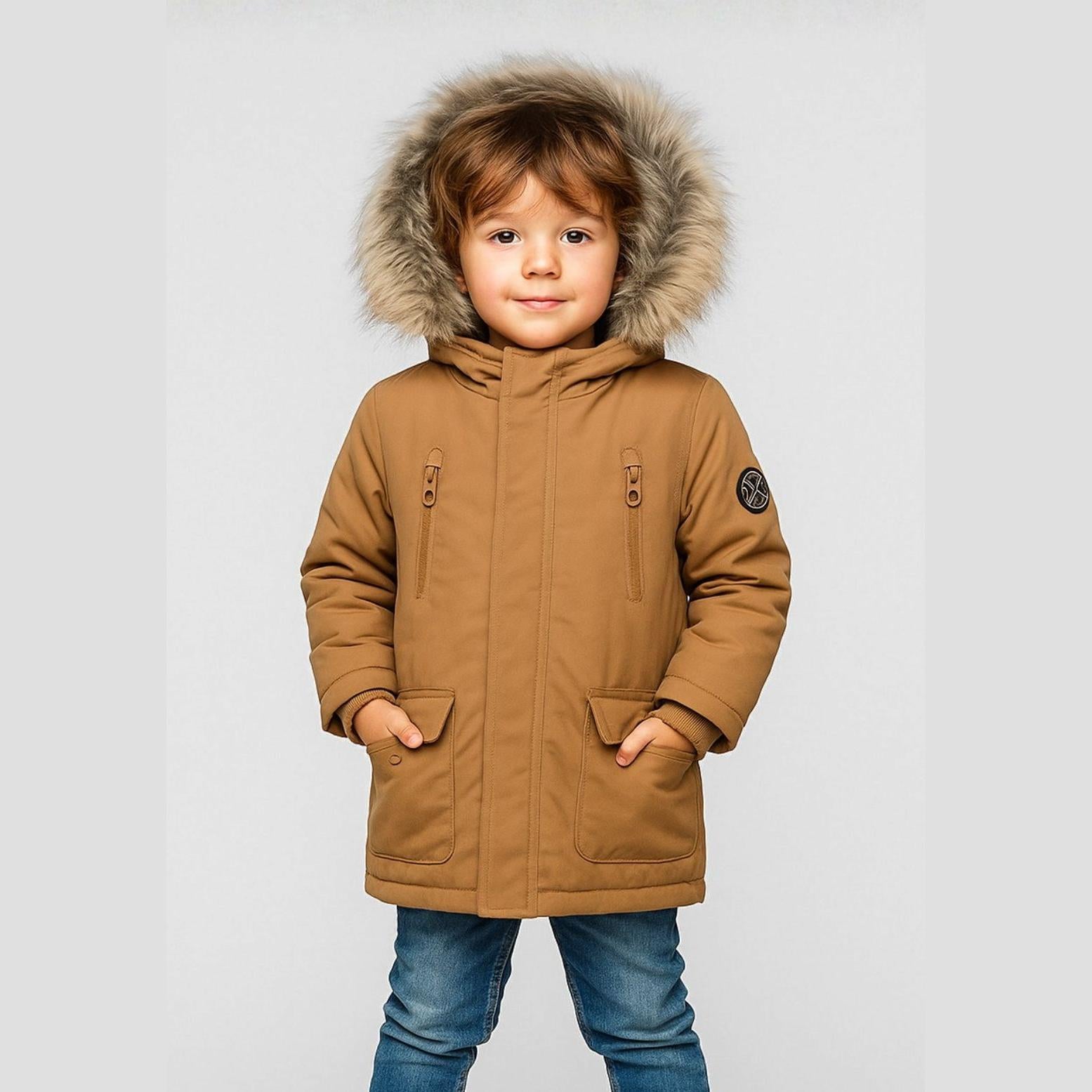 Young child wearing beige winter parka with faux fur hood trim and jeans against white background