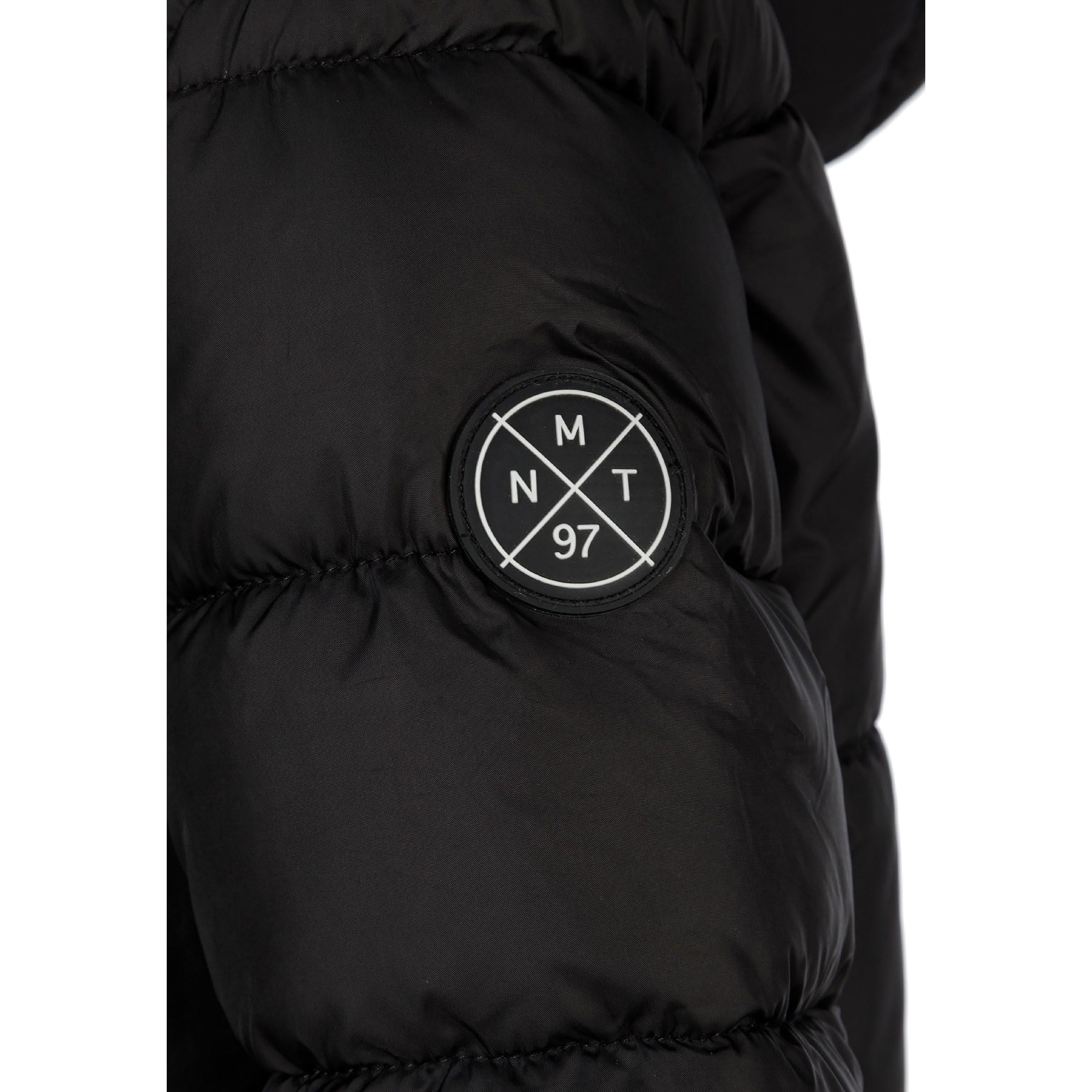 Close-up detail of black padded coat showing quilted stitching pattern and fabric texture